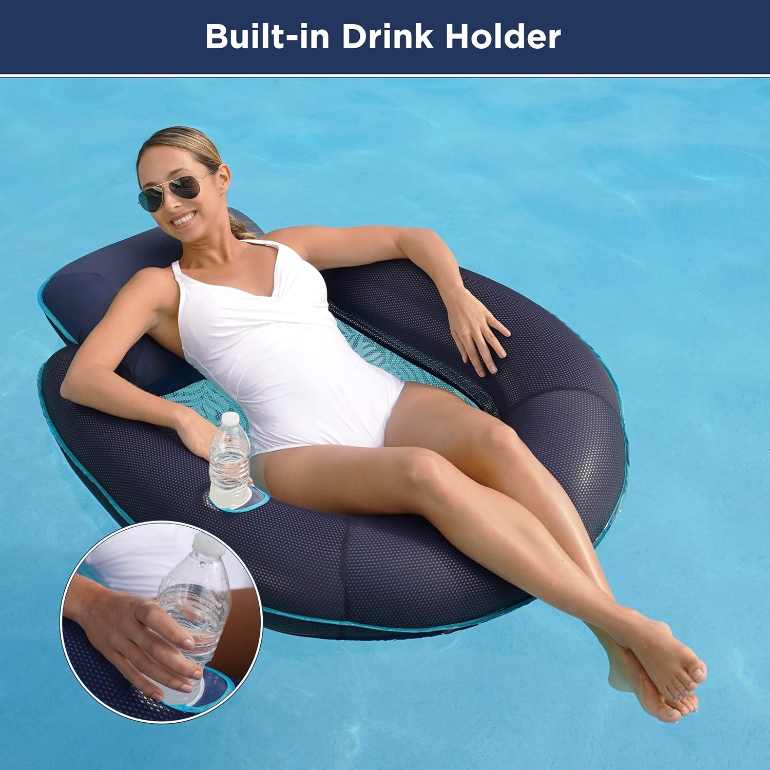 New Aqua Easy Comfort Pool Chair Float and Lounge with Cup Holder – Blue Fern