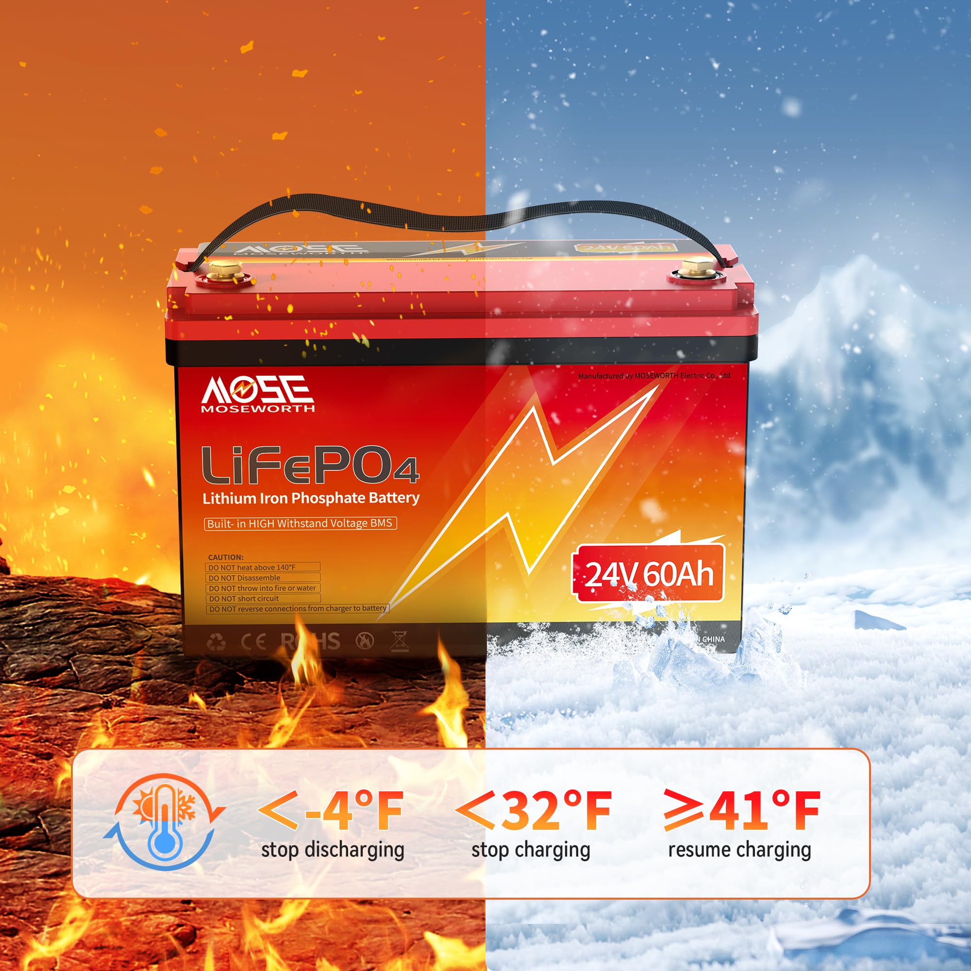 Batteria al litio LiFePO4 da 24 V, 60 Ah, protezione a bassa temperatura, oltre 5000 cicli, gruppo 24 celle di grado A, batteria ricaricabile per motori da traina, camper, barca/marine, solare