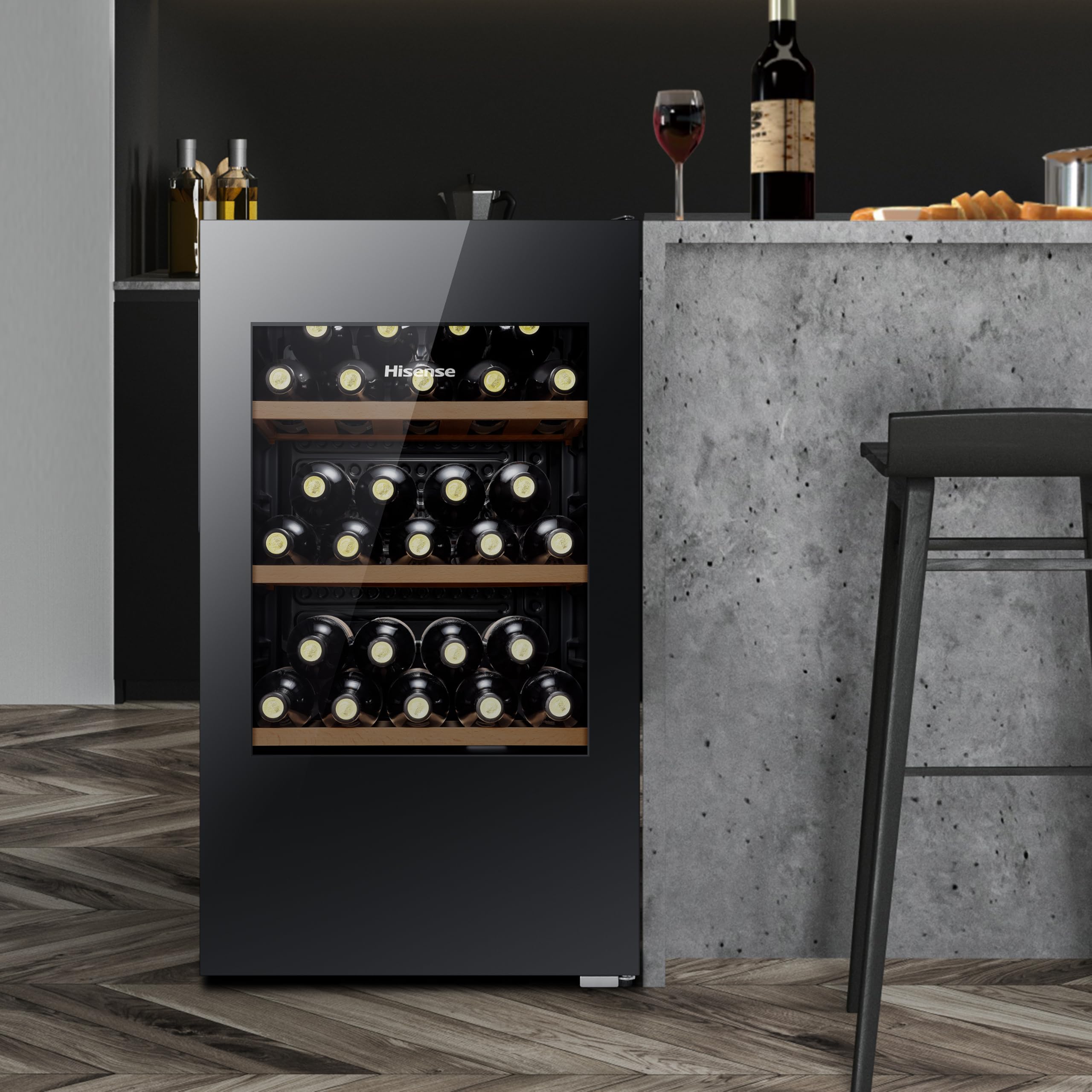 Hisense MWC4894GF - Cantina vino 30 bottiglie, Monotemperatura, Vetri anti UV, ripiani in legno, Display Touch, Illuminazione Led