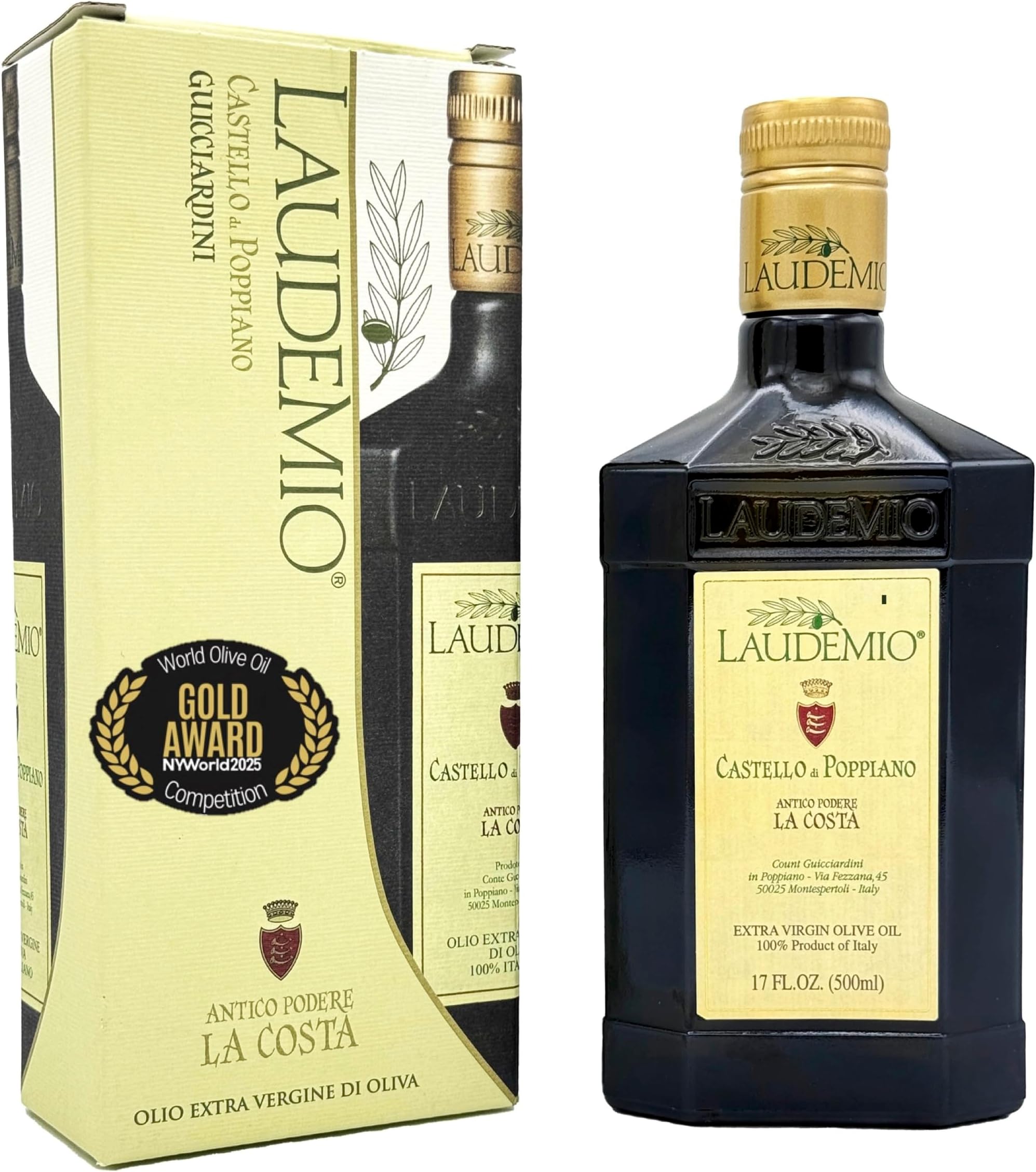 Laudemio Poppiano Guicciardini – Extra Virgin Olive Oil from Tuscany, 700+ mg/kg High Polyphenols, 2025 NYIOOC Gold Award, Early Harvest Frantoio olives, Lab Tested, No Pesticides, Premium Gift Box