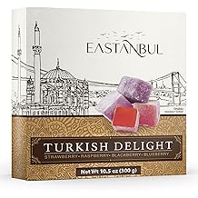 Eastanbul Turkish Delight, 10.5oz, Turkish Delights Candy Assorted Strawberry, Blackberry, Raspberry &amp; Blueberry Flavor, International Candy, Lokum, Plain, Gluten Free, Vegan