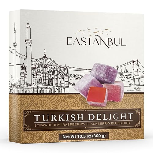 Eastanbul Dulces turcos tradicionales con 5 sabores de fruta fresa, melocotón, melón, naranja y mora, delicias turcas surtidas de dulces extranjeros