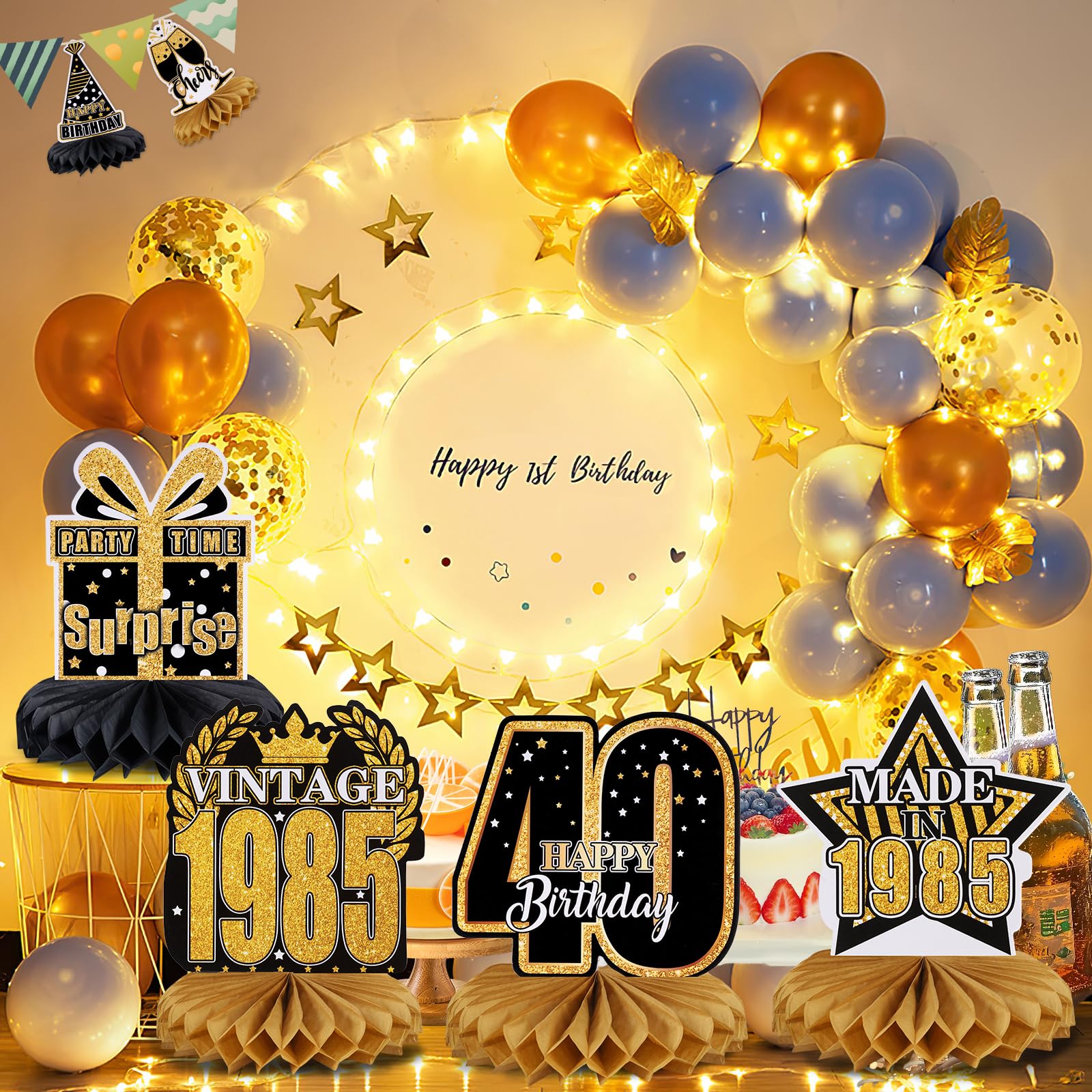 Décorations Centre De Table 40 Ans - 10 Pièces En Nid D'abeille Noir Et Or - Pour Fête Anniversaire Homme Femme