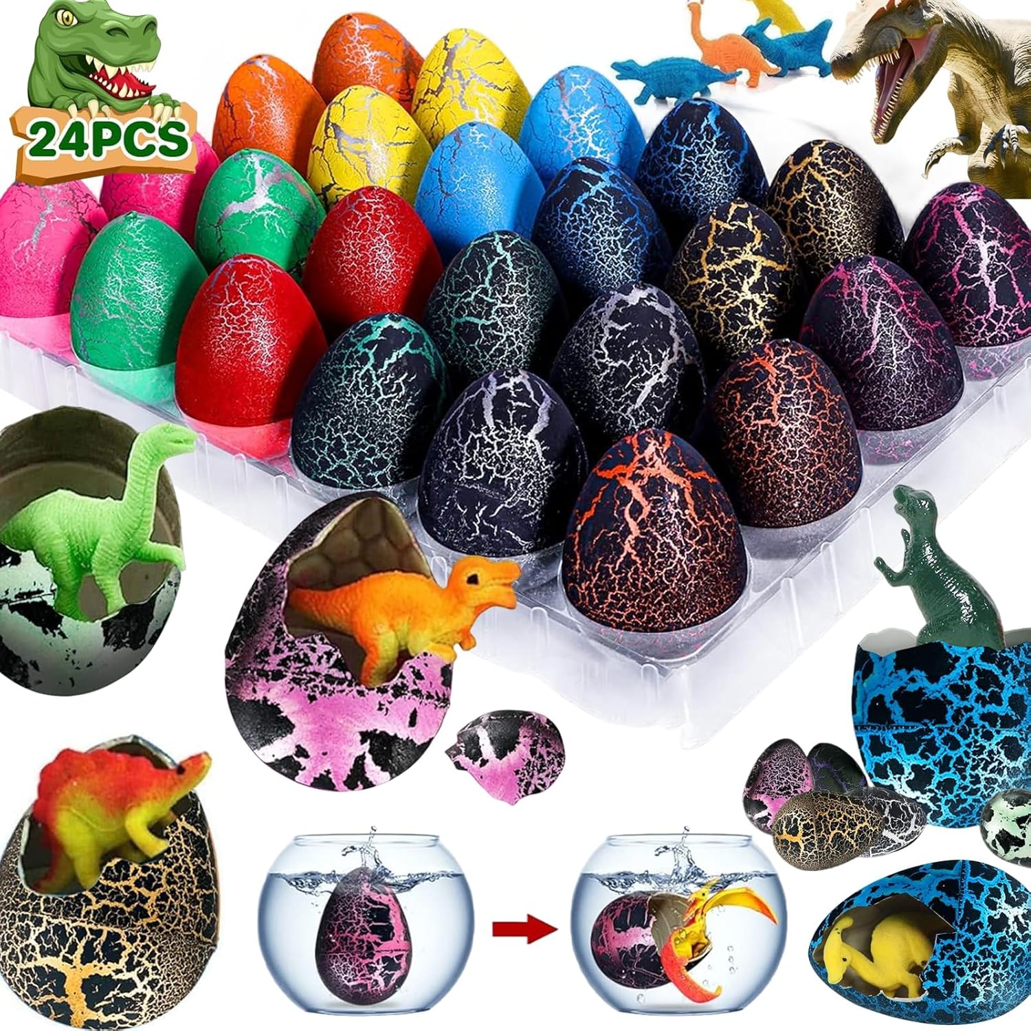 IKUKUER 24 Pcs Gaint Easter Eggs Filled with Dinosaur Toys,Grow in