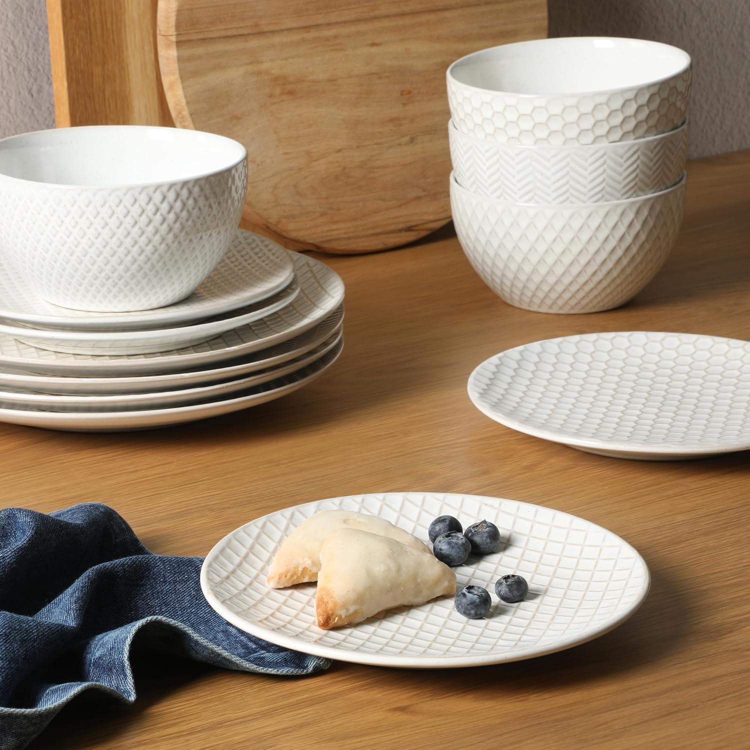 Gibson Elite Oyster Tide Embossed 12 Piece (Service for 4) Plates and Bowls Reactive Glaze Round Dishes Stoneware Ceramic Dinnerware Set, White
