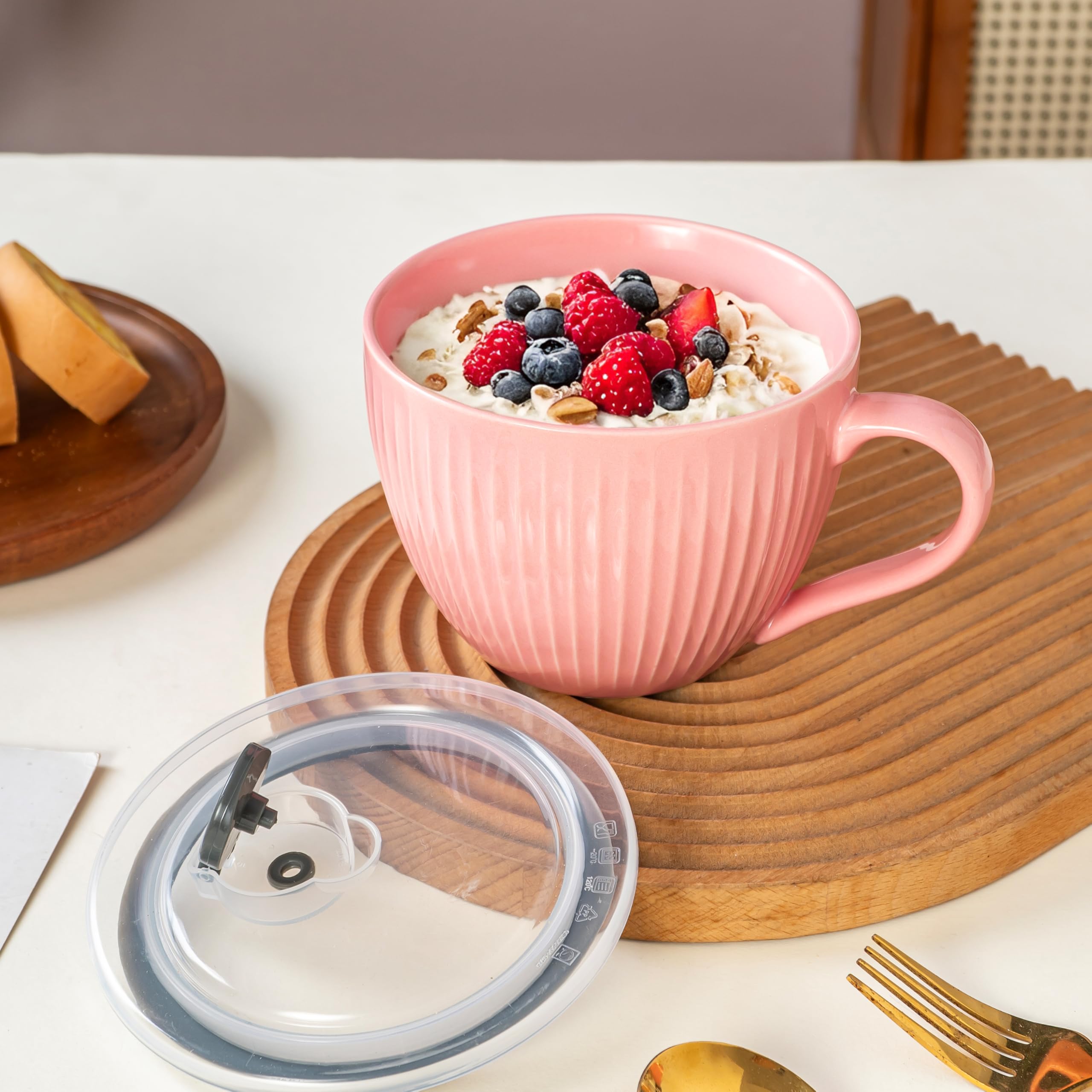 Tazones de cerámica con asas, tazas de café grandes de 24 onzas, tazas de sopa jumbo con tapas para cereales de desayuno, avena, café, té, microondas y lavavajillas, regalo de boda de inauguración de