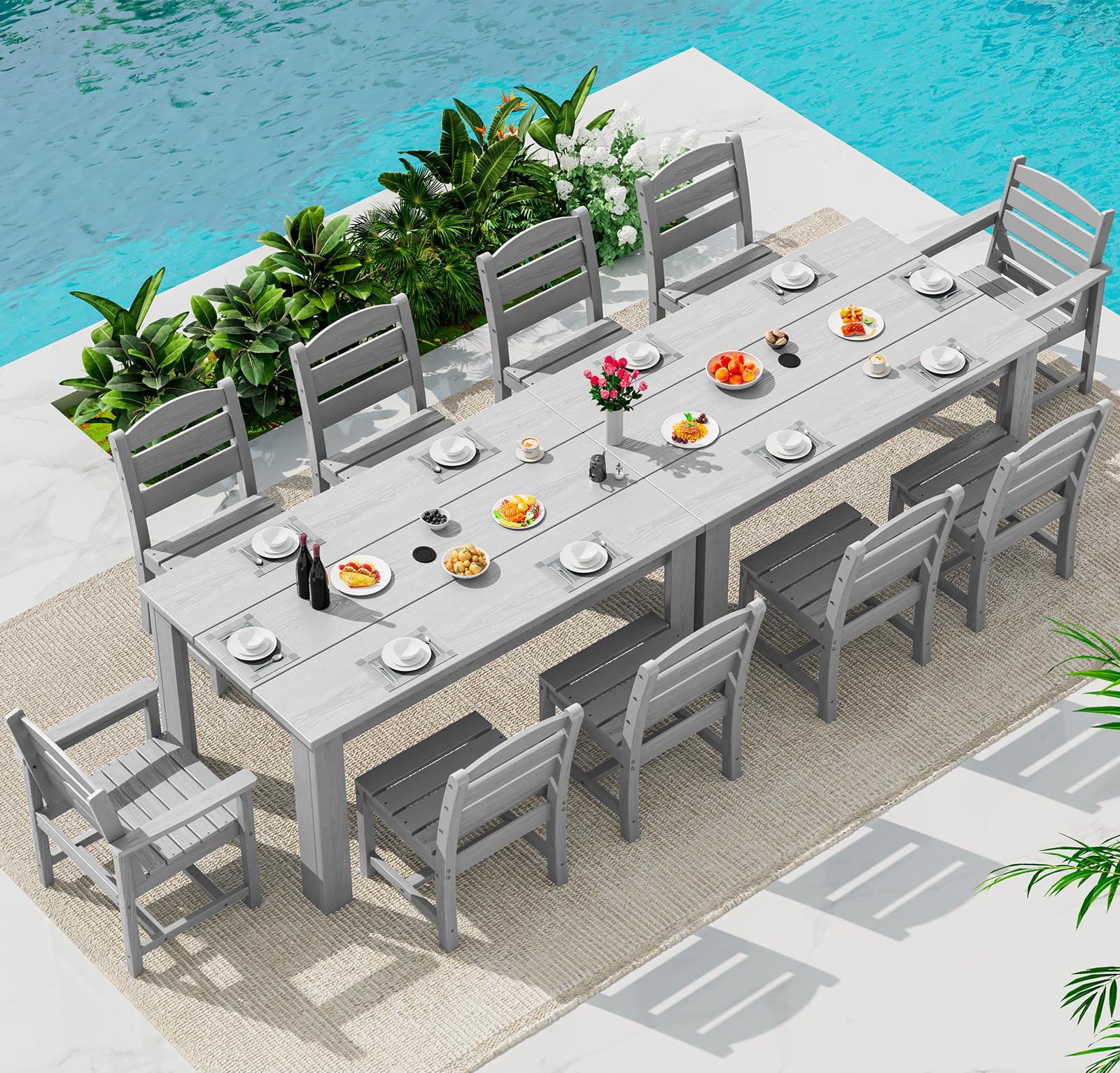 SERWALL 59" Outdoor Dining Set for 10, Light Gray