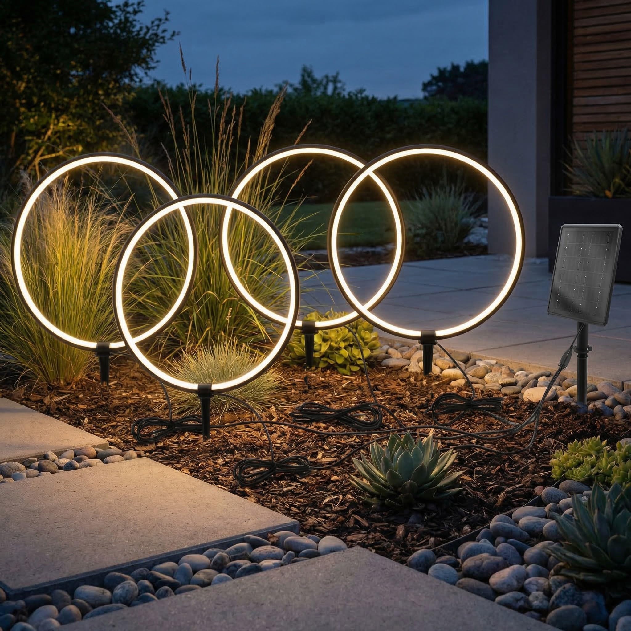 Arnusa Solar Gartenleuchten LED Solar Gartenstecker modern, Solarleuchte Garten Leuchtringe Design warmweiß, Aluminium (4)