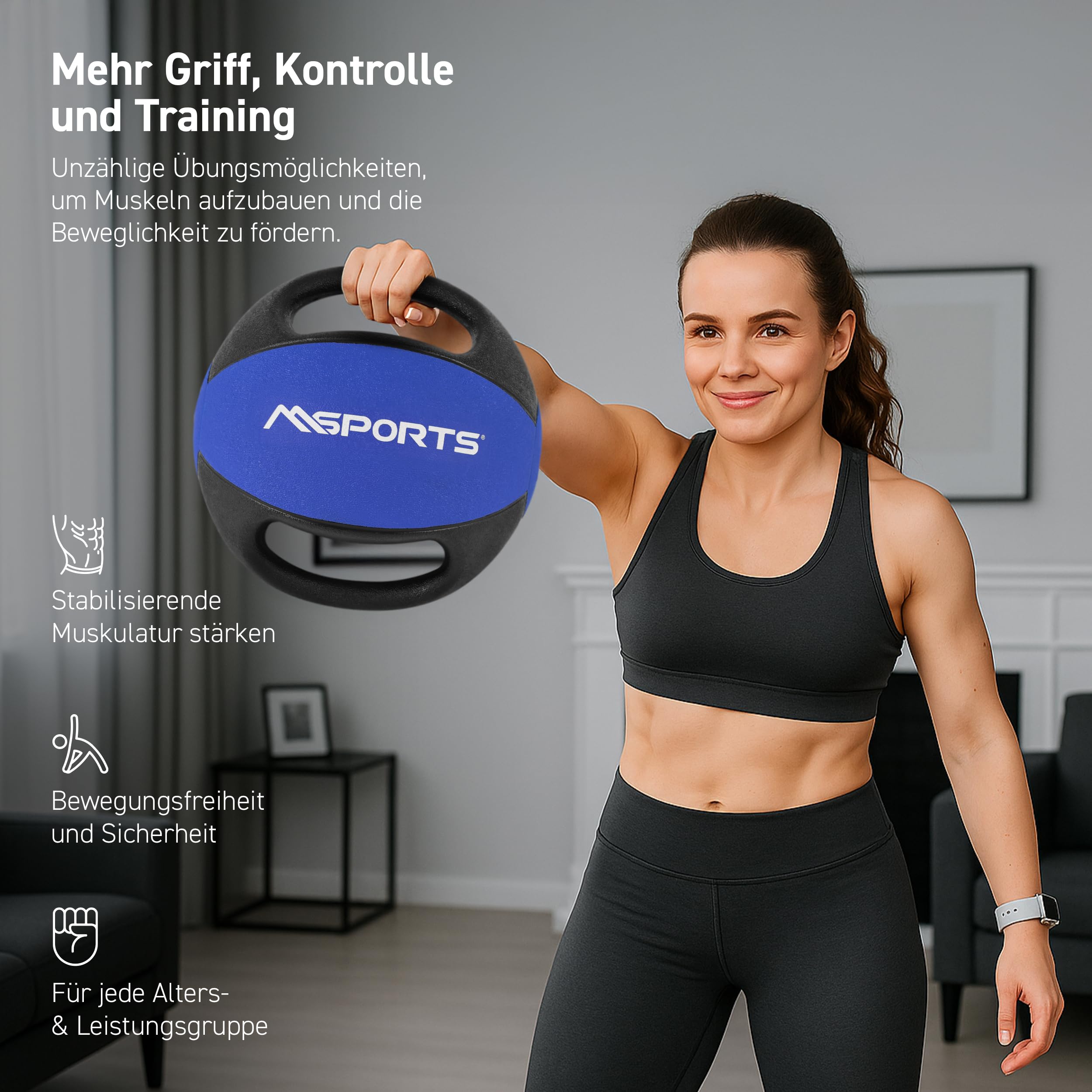 MSPORTS Piłka lekarska premium z uchwytami 1 – 10 kg – profesjonalna jakość do studia fitness piłki (8 kg – błękit królewski)