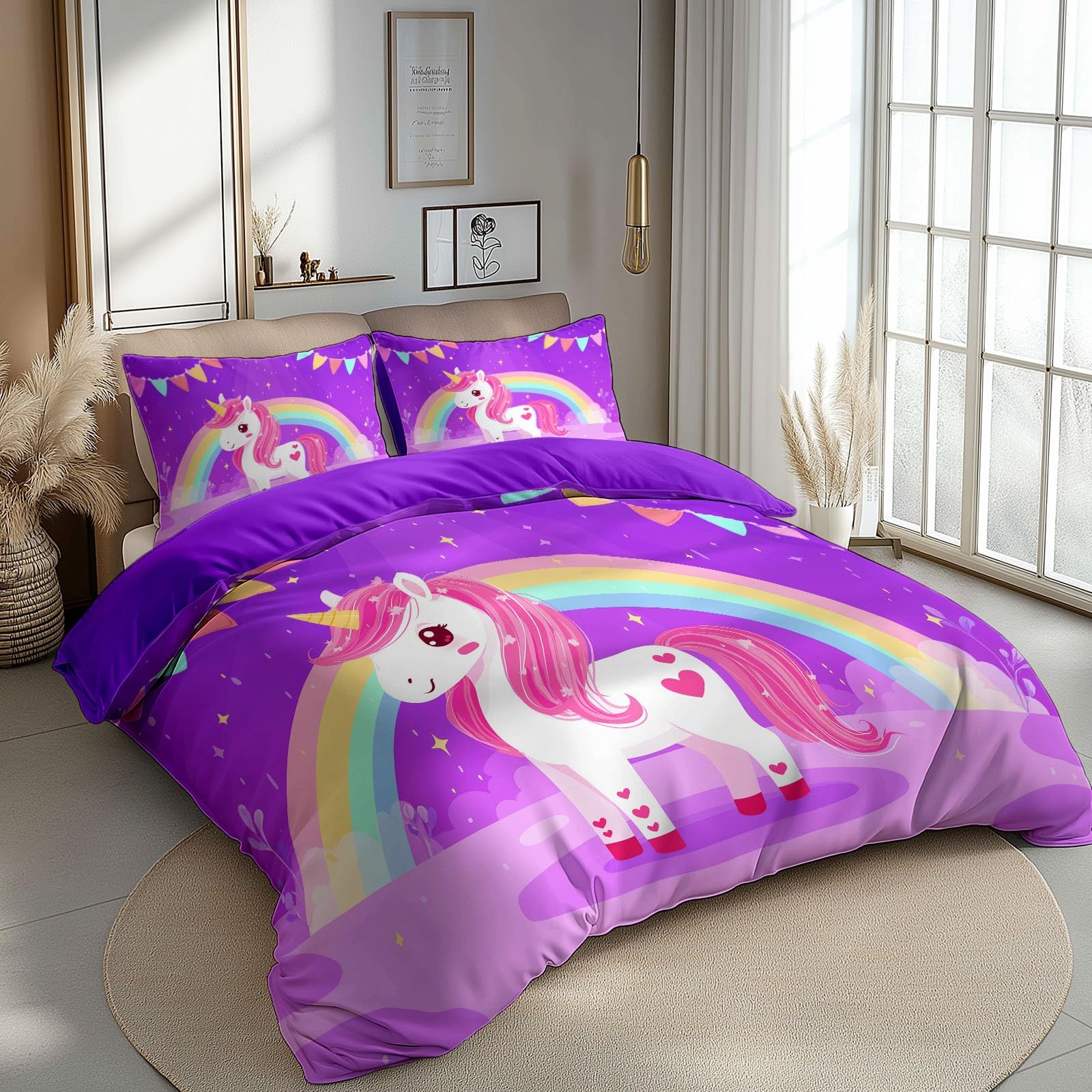 Poszwa na kołdrę 220 x 240 cm z 2 poszewkami na poduszki 65 x 65 cm - Cartoon Rainbow Animal Fioletowy Jednorożec Pościel - z miękkiej, oddychającej i wytrzymałej mikrofibry, z zamkiem błyskawicznym