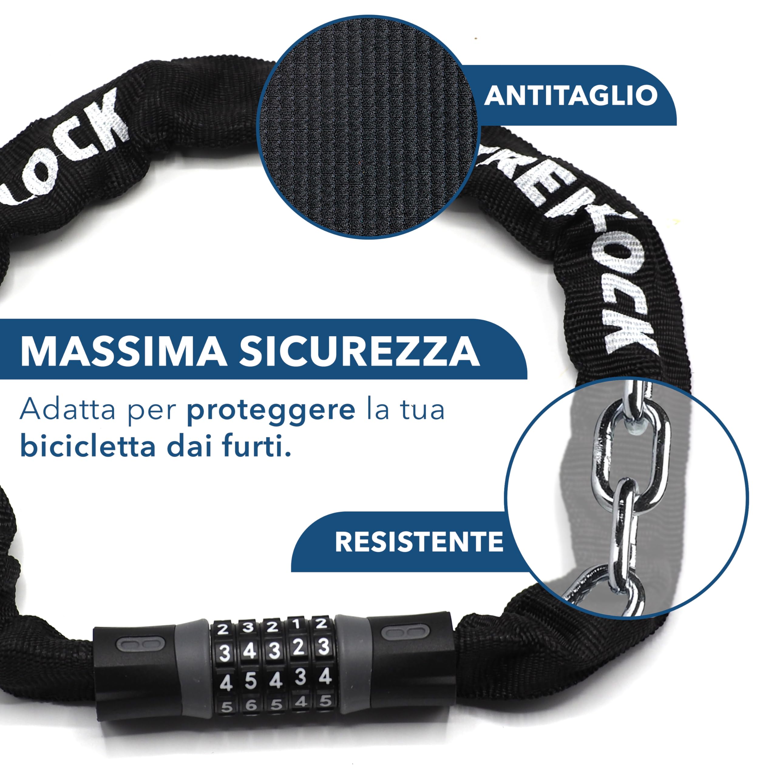 TrenLock Catena con Lucchetto per Bici - Catena per Bicicletta Antifurto Rivestita in Nylon Antitaglio - Lucchetto con Combinazione a 5 Codici - 90cm