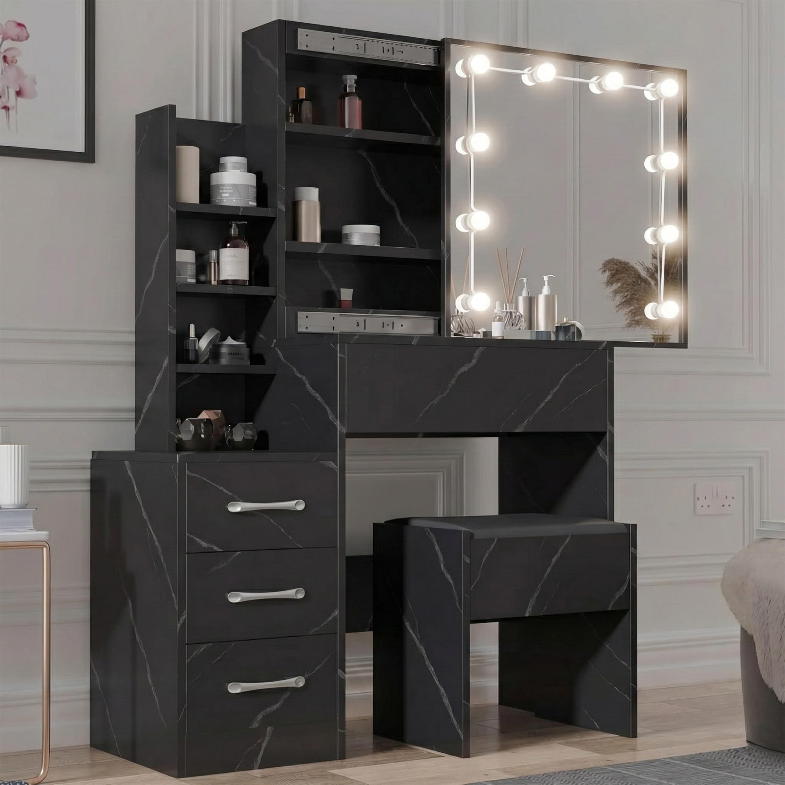 Blisswood Dressing Table with Mirror and Stool – Vanity Makeup Desk with 4 Drawers, 3 Open and Hidden Storage Shelves, 10 LED Bulbs, Modern Make up Organizer for Bedroom or Living Room (Marble Black)