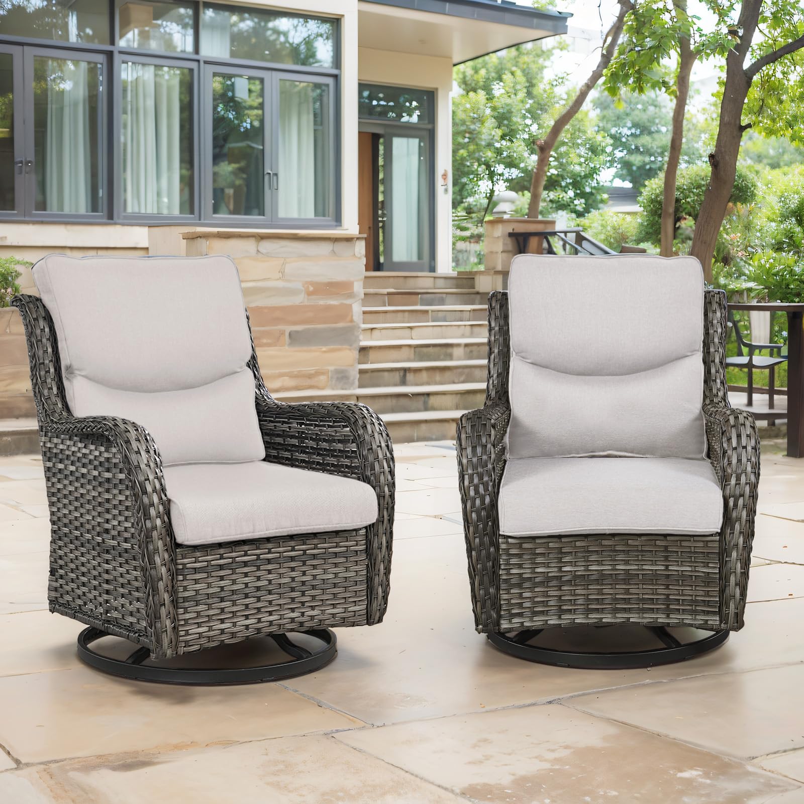 Artfurniz Swivel Patio Chairs Set of 2 with 5" Thick Cushion - Wicker Outdoor Swivel Rocker Patio Chairs, High Back Comfortable Outdoor Glider Chair