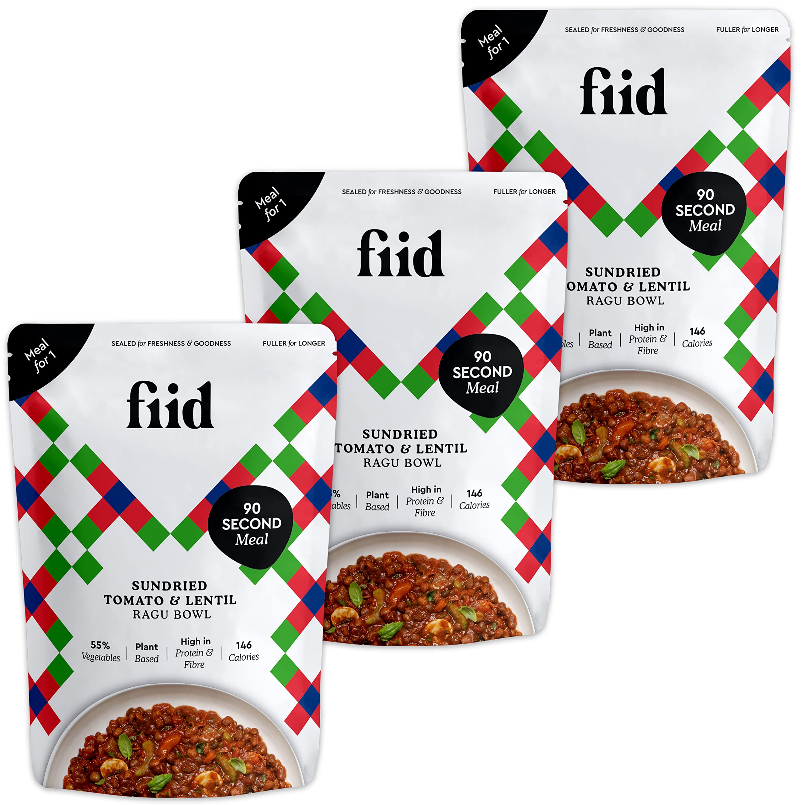 Fiid 100% Natural Vegan Microwave Ready Meals - Italian Sundried Tomato & Lentil Ragu - 3 x 275g (Vegetarian Food Pouch, High in Fibre & Protein, Low in Sugar, Fat Free)