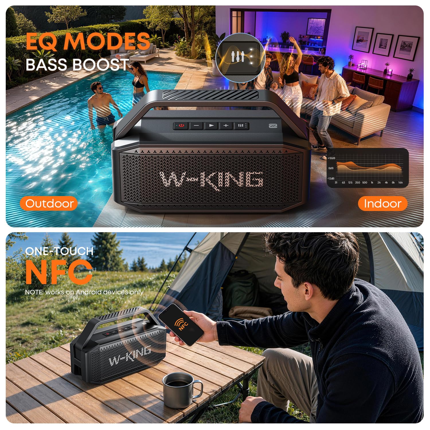 W-KING Subwoofer'lı Taşınabilir Yüksek Bluetooth Hoparlörler, 60W Dış Mekan Hoparlörleri Bluetooth Kablosuz Su Geçirmez Hoparlör, Derin Bas/40H/TF/AUX