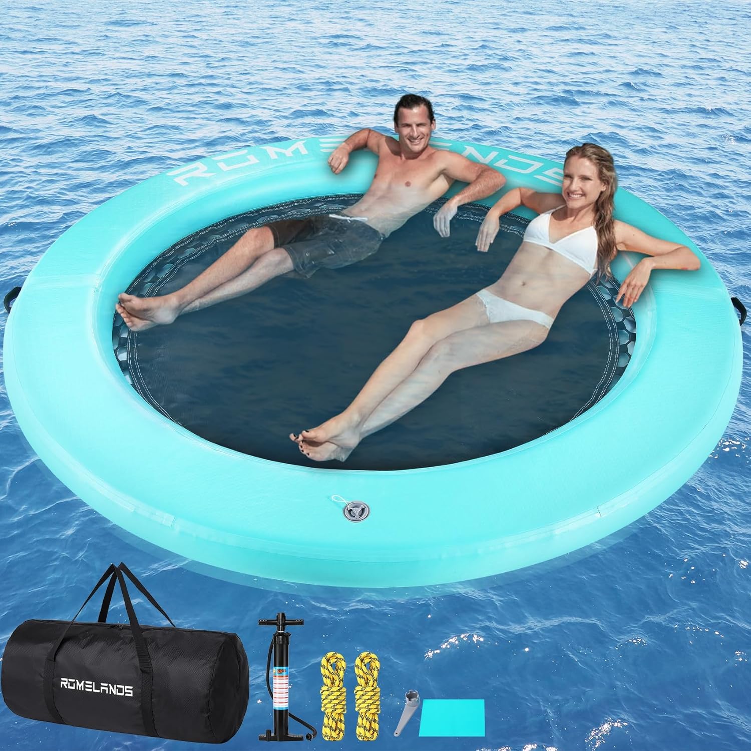 Inflatable Water Hammock Floating Dock, Round Float Ring for Summer Party, Heavy-Duty Raft Platform for Lakes Pools Oceans (Green and white)