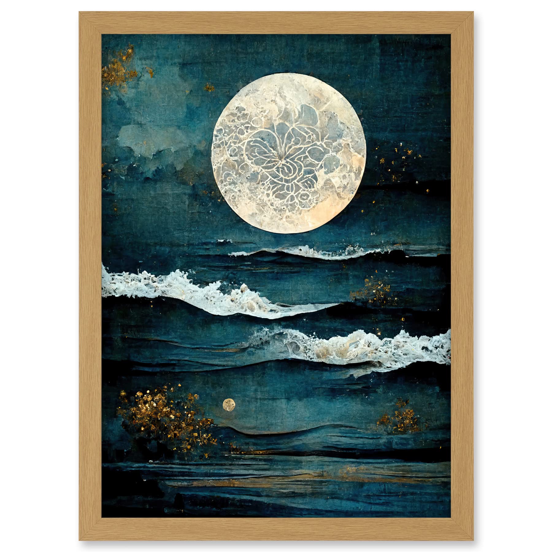 Artery8 Large Full Moon Seascape Golden Algae Wave Foam Artwork Framed A3 Wall Art Print, Framed Light Oak A3, 45.5L x 33W cm