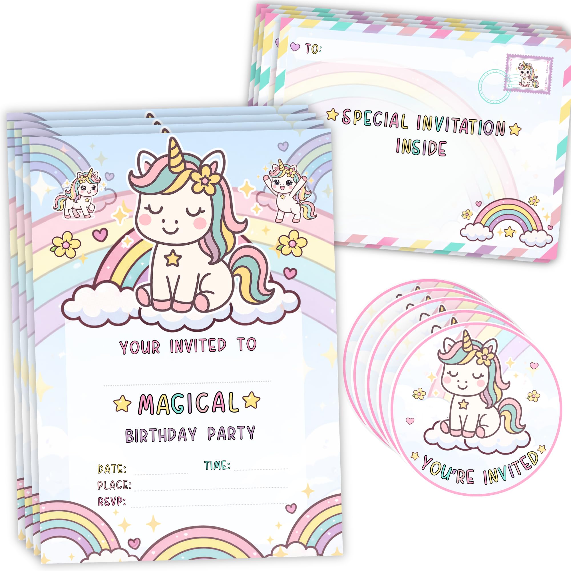 Unicorn Party Invitations for Girls – 35 Pack Birthday Invites with Envelopes & Stickers, A5 Fill In Cards, Kids Unicorn Theme Party Supplies, Rainbow Magical Birthday Invitations