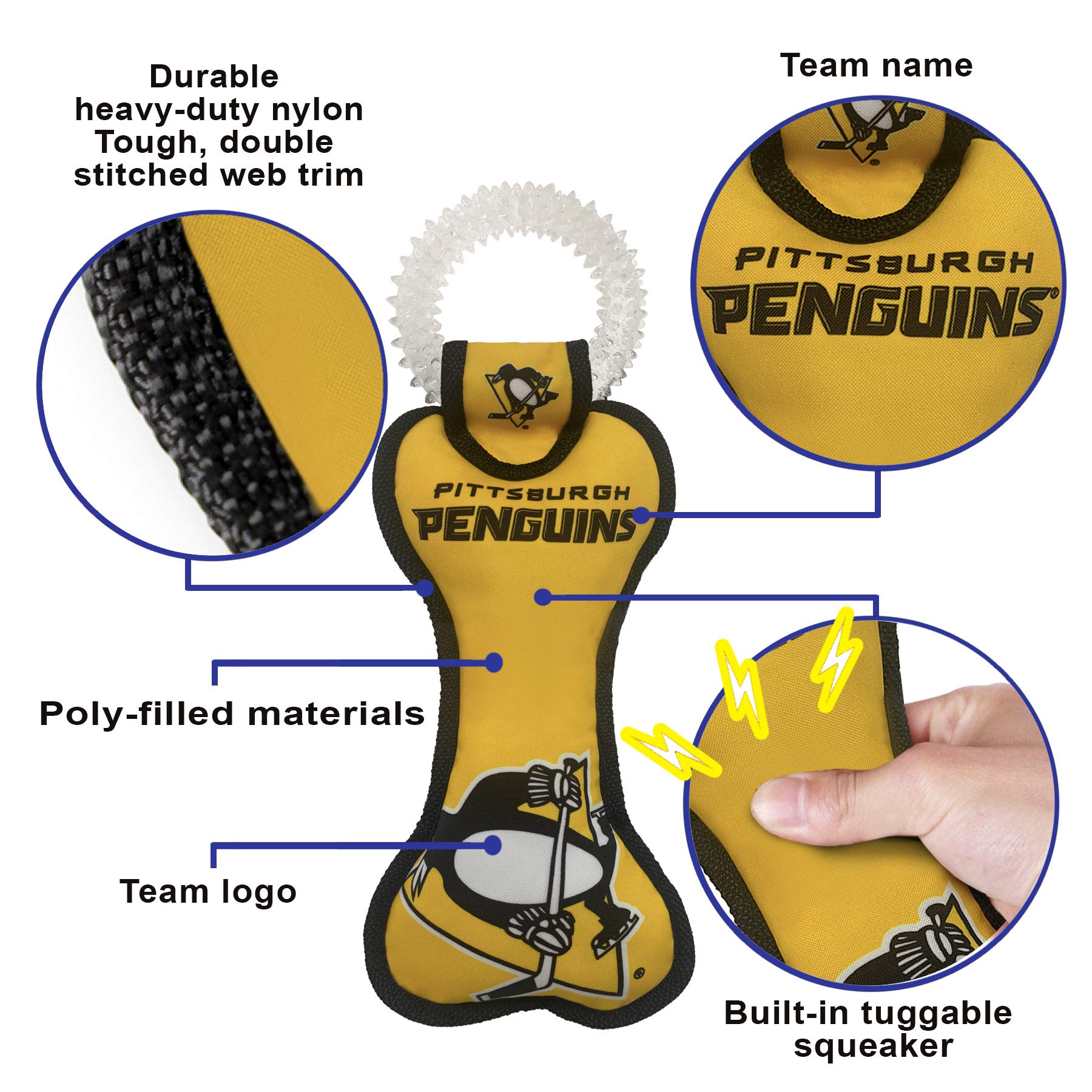 Pets First NHL Pittsburgh Penguins Dental Dog TUG zabawka z piszczałką, wytrzymała zabawka PET dla zdrowej zabawy, ząbkowania i czyszczenia zębów i dziąseł zwierzęcia, jeden rozmiar (PEN-3310)