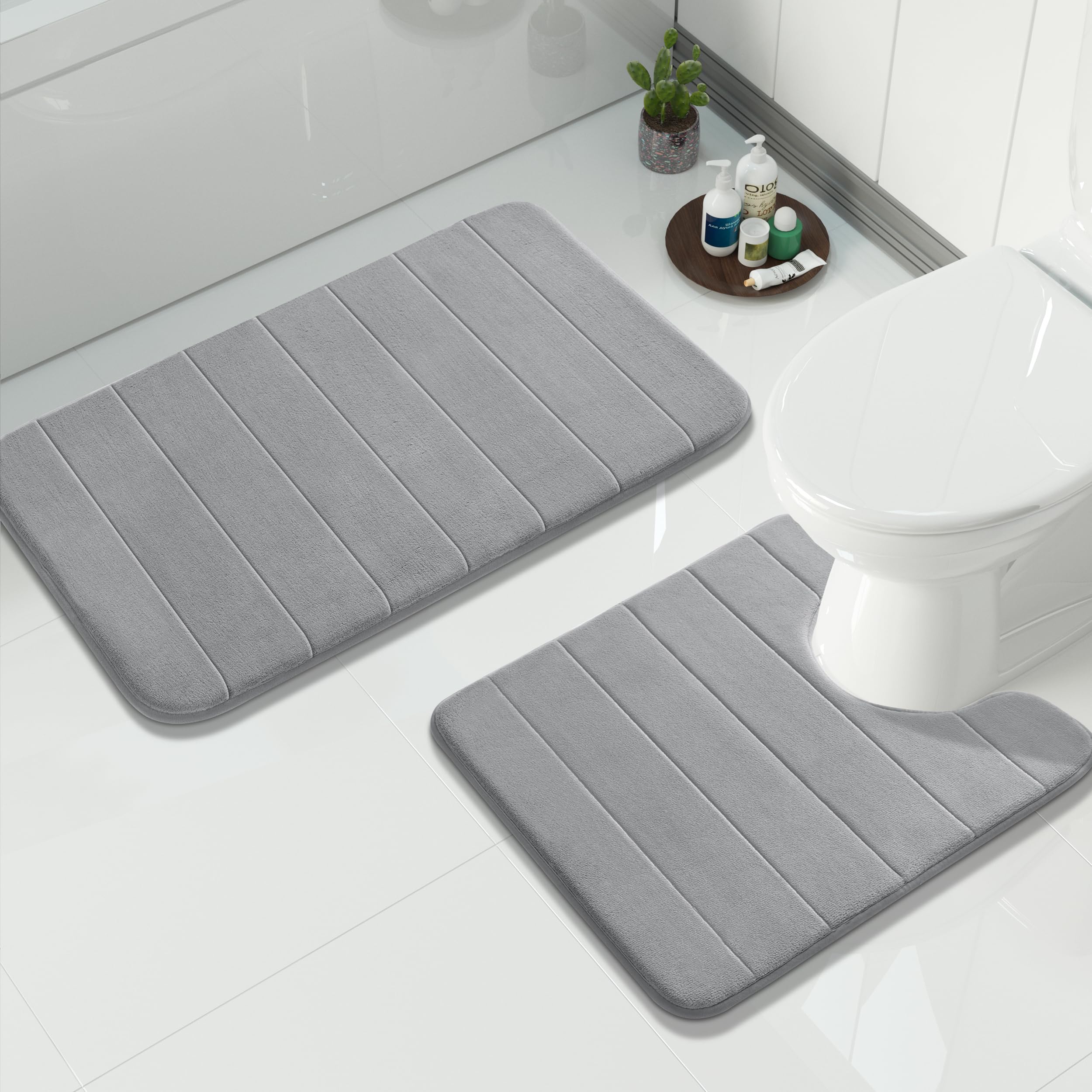 Memory Foam Bath Mat Set 2 Piece - Super Soft Absorbent Quick Dry Bathroom Toilet Rugs, Machine Washable Non Slip Floor Carpet for Tub Shower & Single Sink (31.5x20 & 24x20, Gray)
