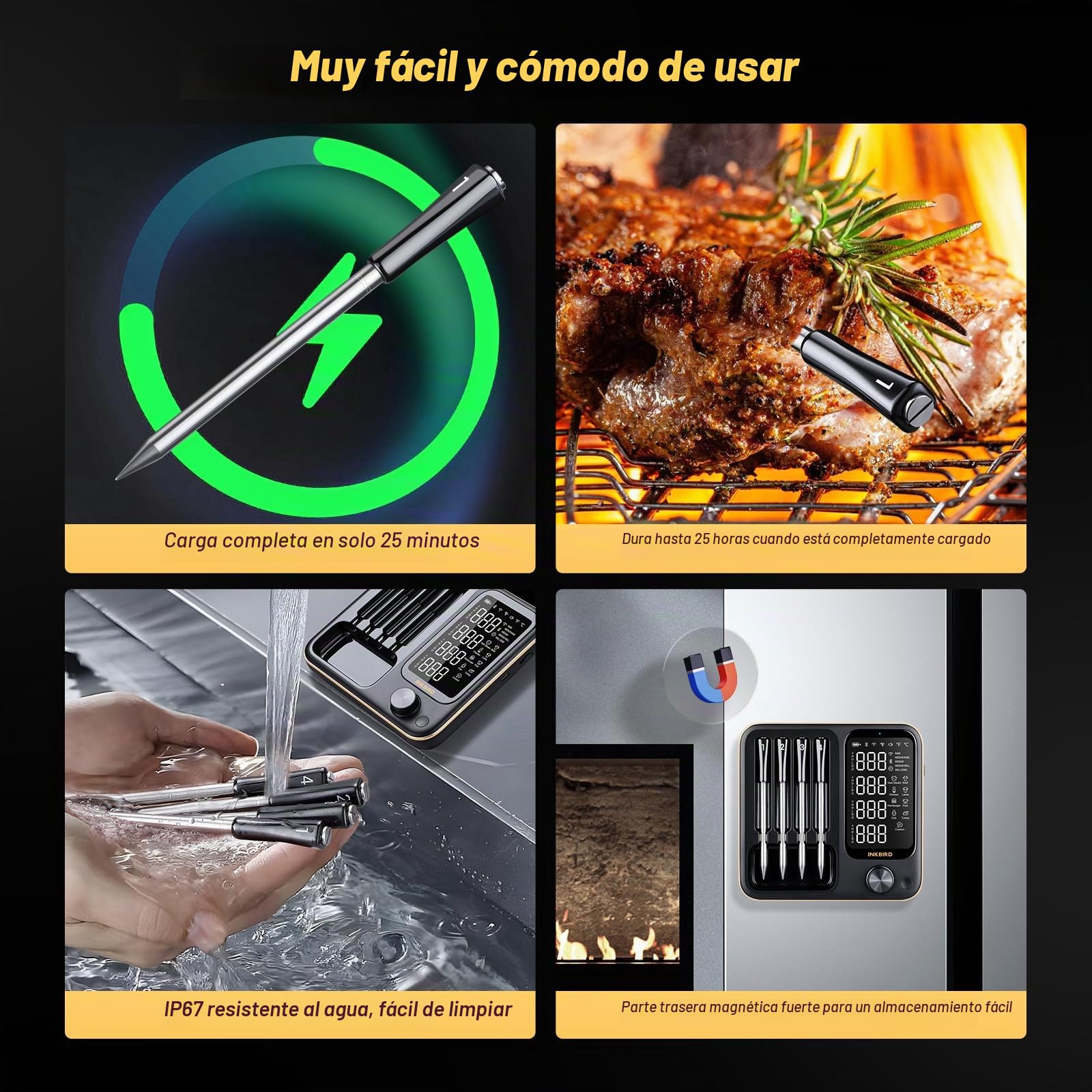 Inkbird INT-14-BW - Termómetro para carne inalámbrico, Smart Grillthermometer WIFI 2.4G y Bluetooth 5.4 Signal 91 m, Termómetro para horno, barbacoa, ahumador, asador, horno