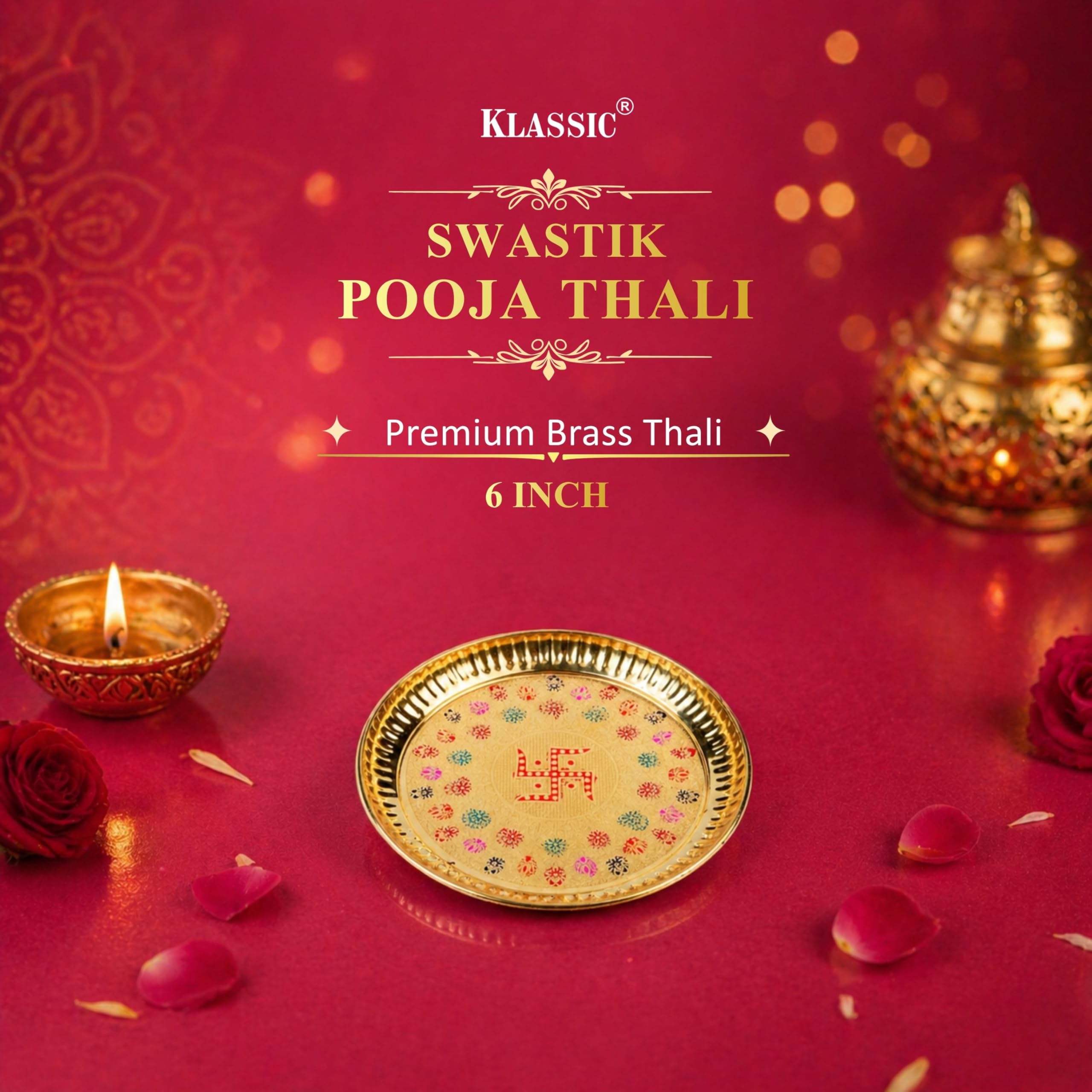 Klassic 6 Inch Pure Brass Swastik Design Puja Thali | Floral Embossed Brass Aarti Plate for Roli Chawal, Kumkum Haldi & Prasad | Mandir Pooja Thali for Home, Office, Diwali & Gifting 2
