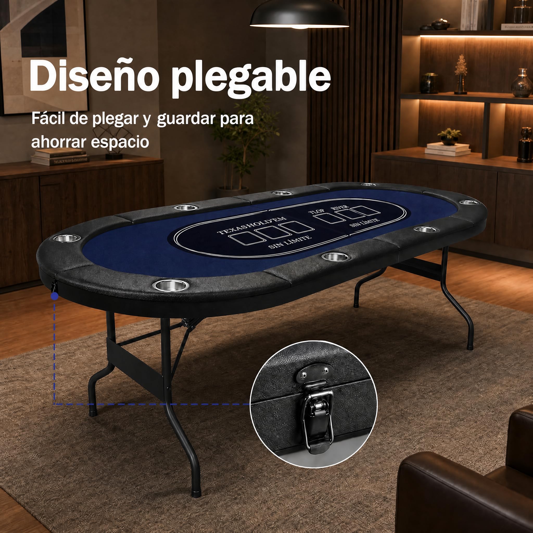Hotsizz Mesa de Poker Plegable 8 Plazas - 181 × 81 × 74 cm, Diseño de Mesa Poker de Casino Profesional, Equipado con Portavasos acolchados y gruesos, ideal para familiares y amigos