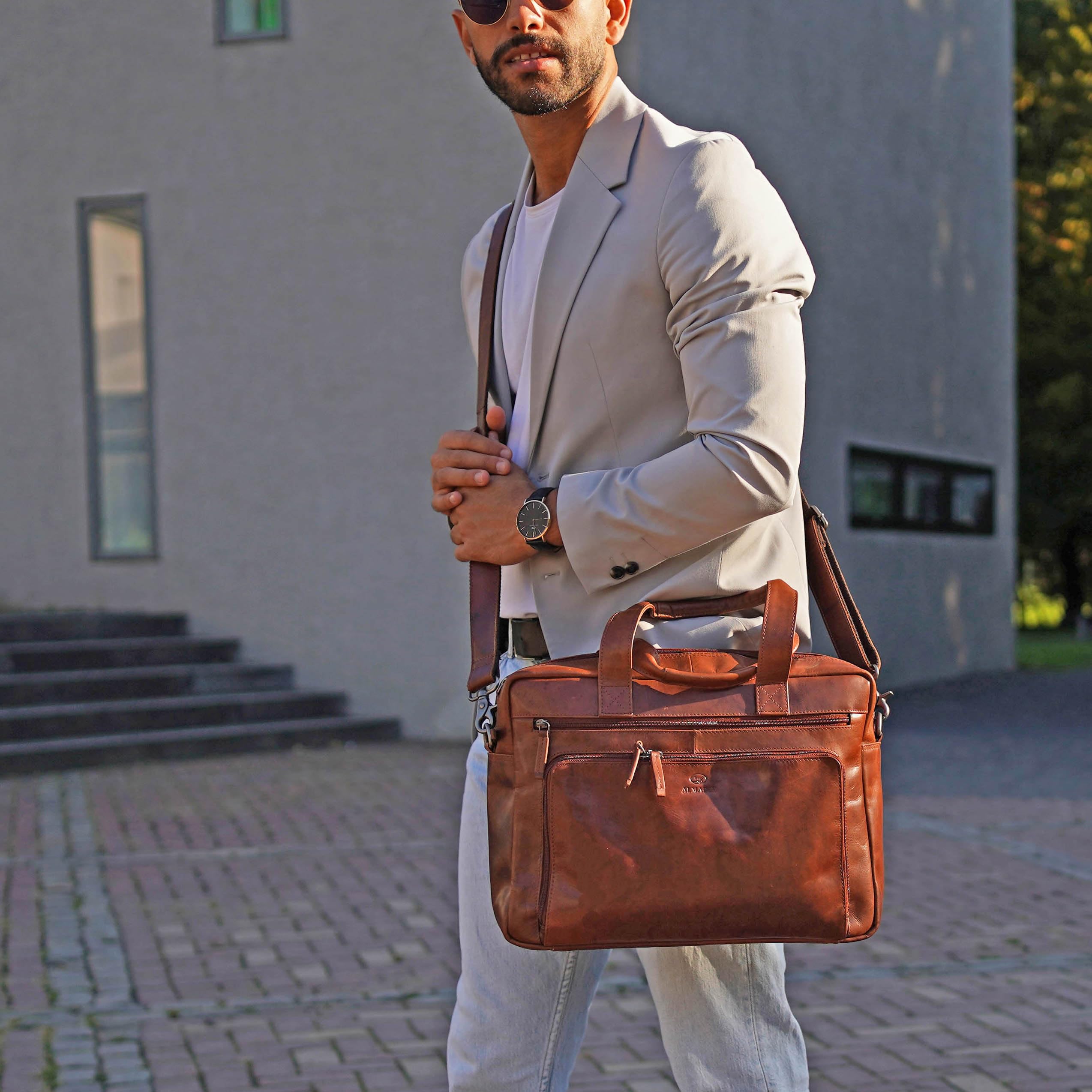 ALMADIH Leder Businesstasche Laptoptasche 15 Zoll Aktentasche Bruno tolle Aufteilung Leder Business Tasche Herren Damen Umhängetasche Unitasche Arbeitstasche Schultertasche Dokumententasche braun