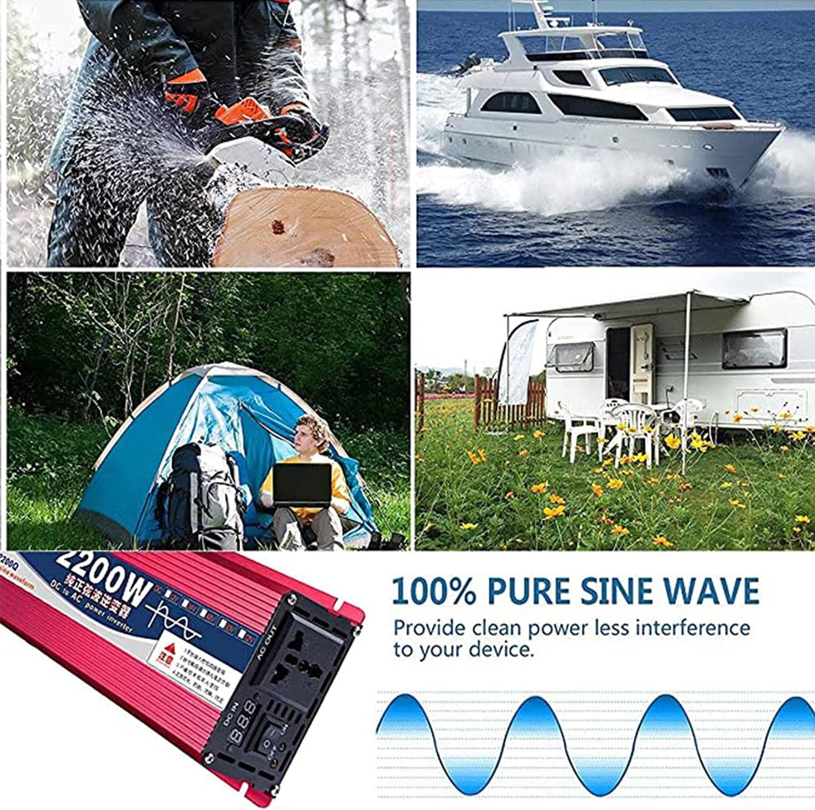 AMNOOL Inverter a Onda Sinusoidale Pura1600w 2200w 3000w, Convertitore di Tensione CC 12v/24v/48v/60v a Ca 110v 220v con Display Digitale E Prese, per TV, Frigorifero,1600W-12Vto110V