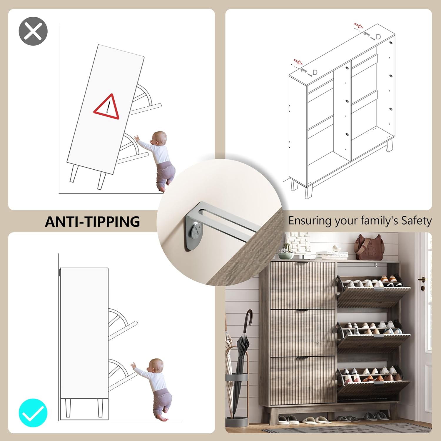 HUANLEGO Shoe Cabinet Storage for Entryway with 6 Flip Drawers, Fluted Narrow Shoe Organizer with Wooden Legs, Freestanding Slim Shoe Storage Hidden Shoe Rack Organizer for Front Door Entrance, Grey