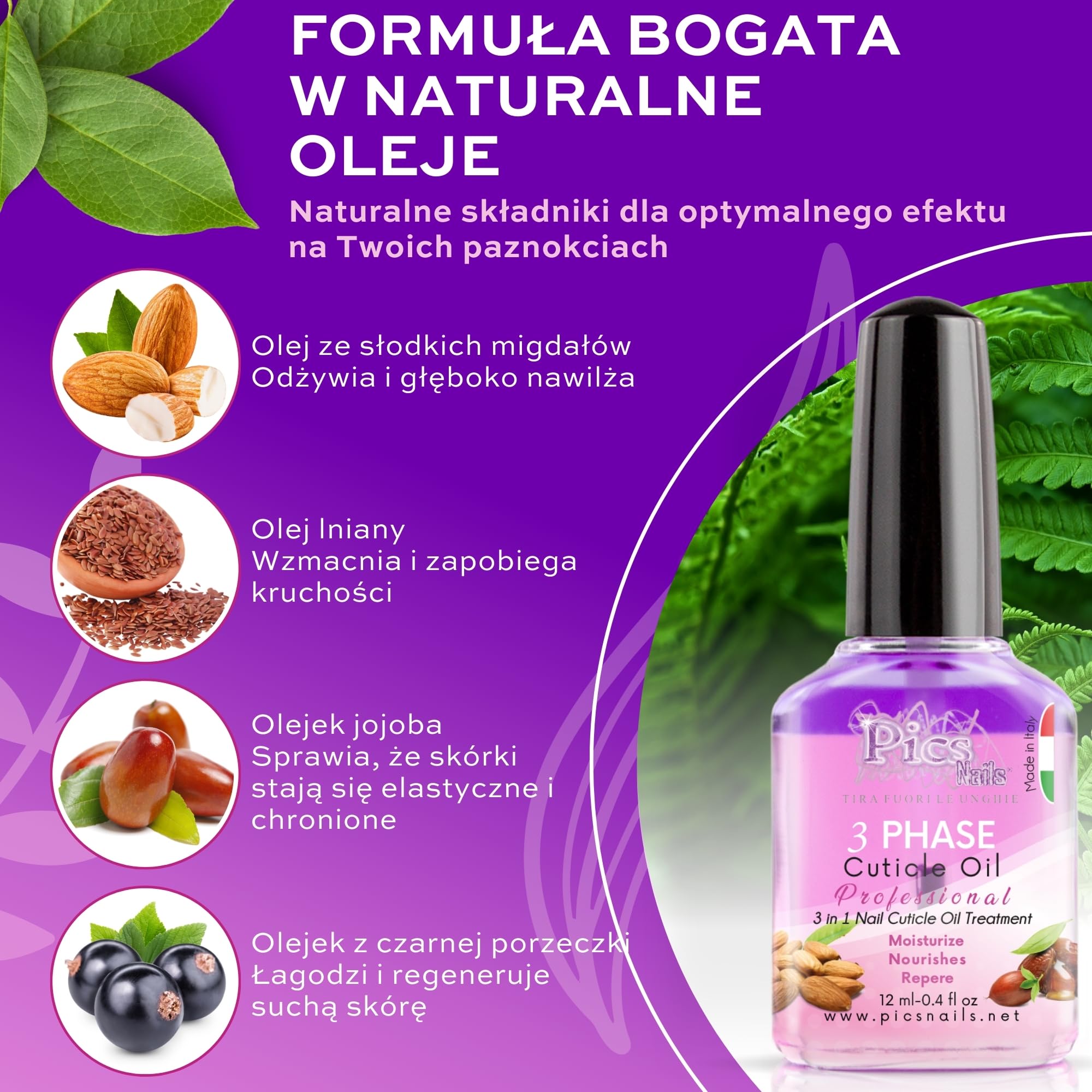 Olejek do skórek do paznokci premium 12 ml, wyprodukowany we Włoszech, formuła do pielęgnacji skórek z olejkiem z czarnej porzeczki, migdałów, jojoba i siemię lniane, regenerujący i nawilżający do