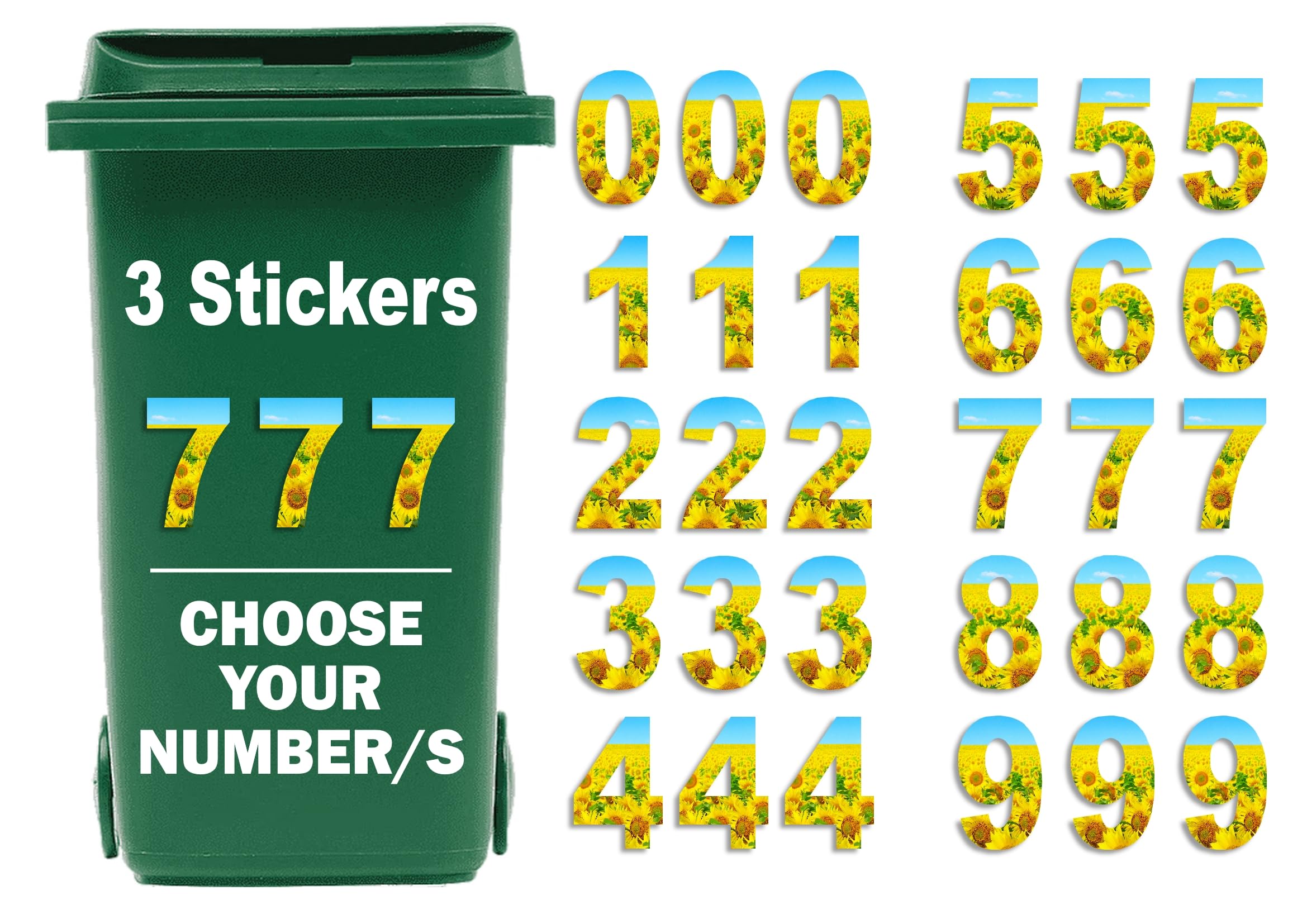 3 x Bin Numbers for Wheelie Bins, 0-9, Sunflower Dustbin Stickers, Easy Application 17.5cm Stick On Number Stickers - Weatherproof Self Adhesive Vinyl (7)