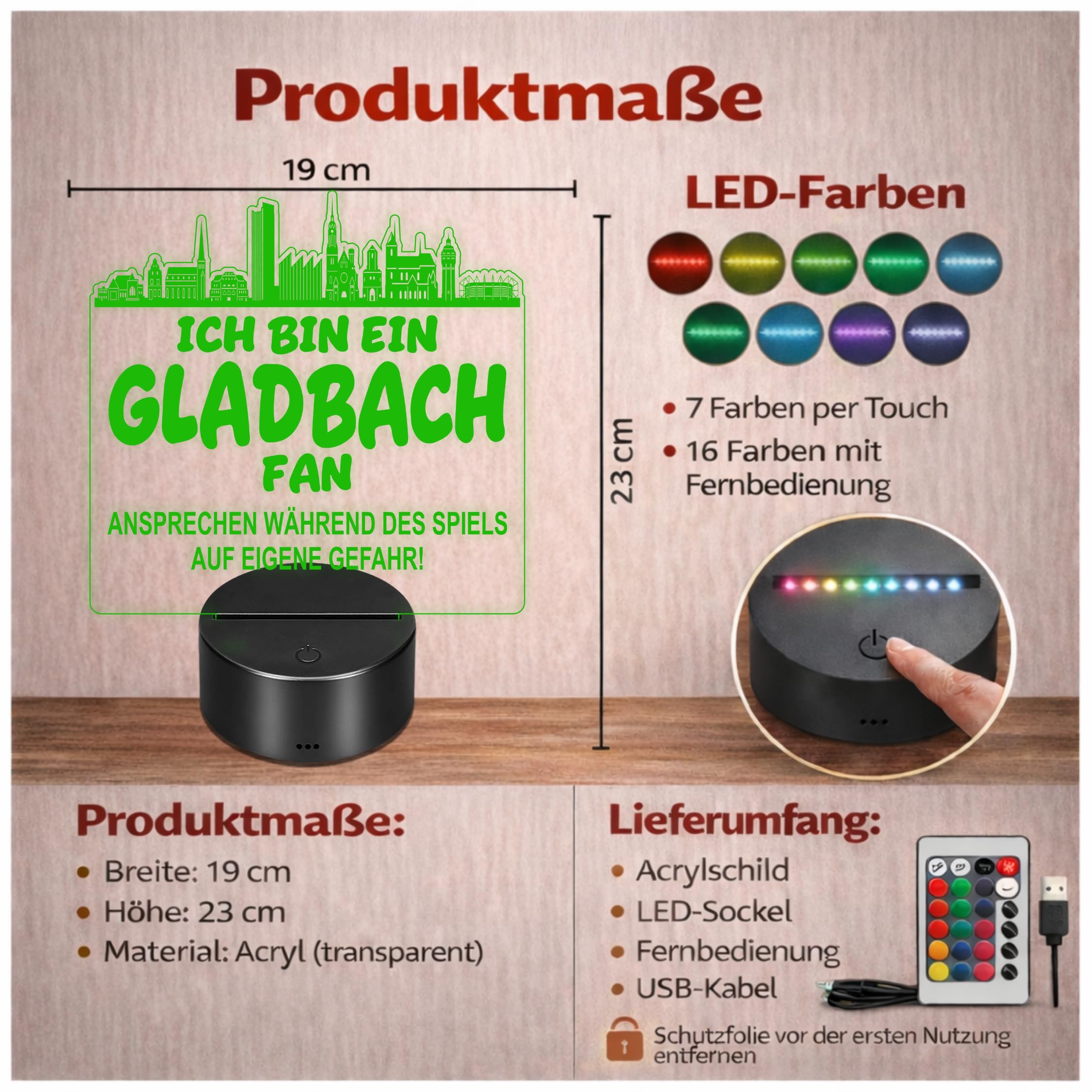 Lieblingsmensch Gladbach Fan Fußball LED Nachtlicht – 3D Skyline Design „Ansprechen auf eigene Gefahr“ – RGB Farbwechsel mit Fernbedienung & Touch – Stimmungslicht für die Man Cave – 19x23cm