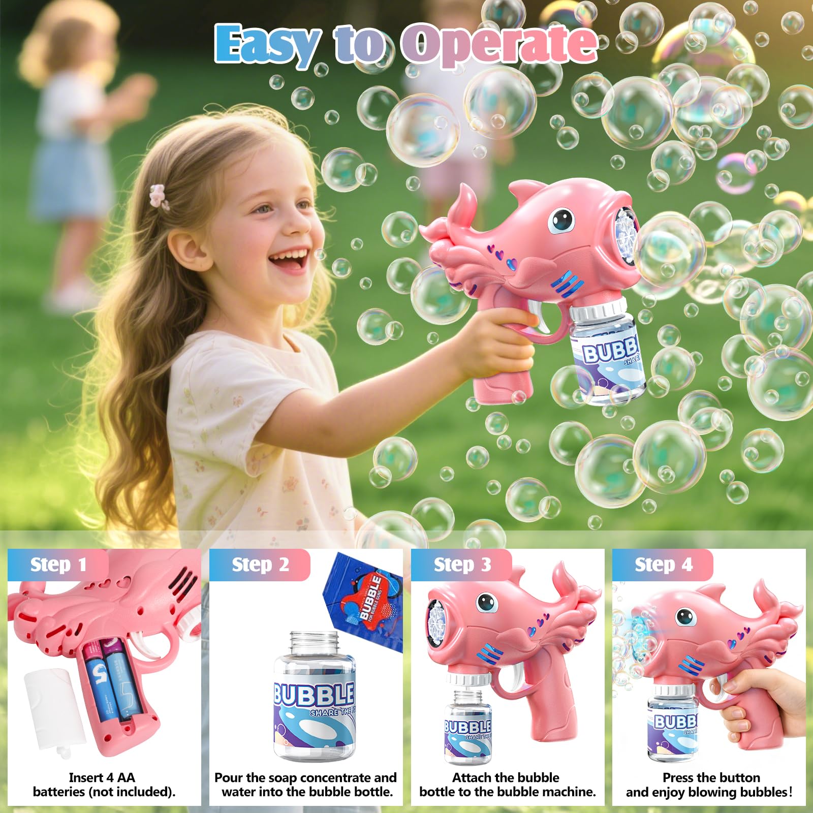 2 Pistola de Burbujas para Niños, Automática Máquina de Burbujas de Jabón con 2×70ML Botellas de Solución, Pompas de Jabon Niños con 8 Aberturas & Luces, para Fiesta, Actividades al Aire Libre
