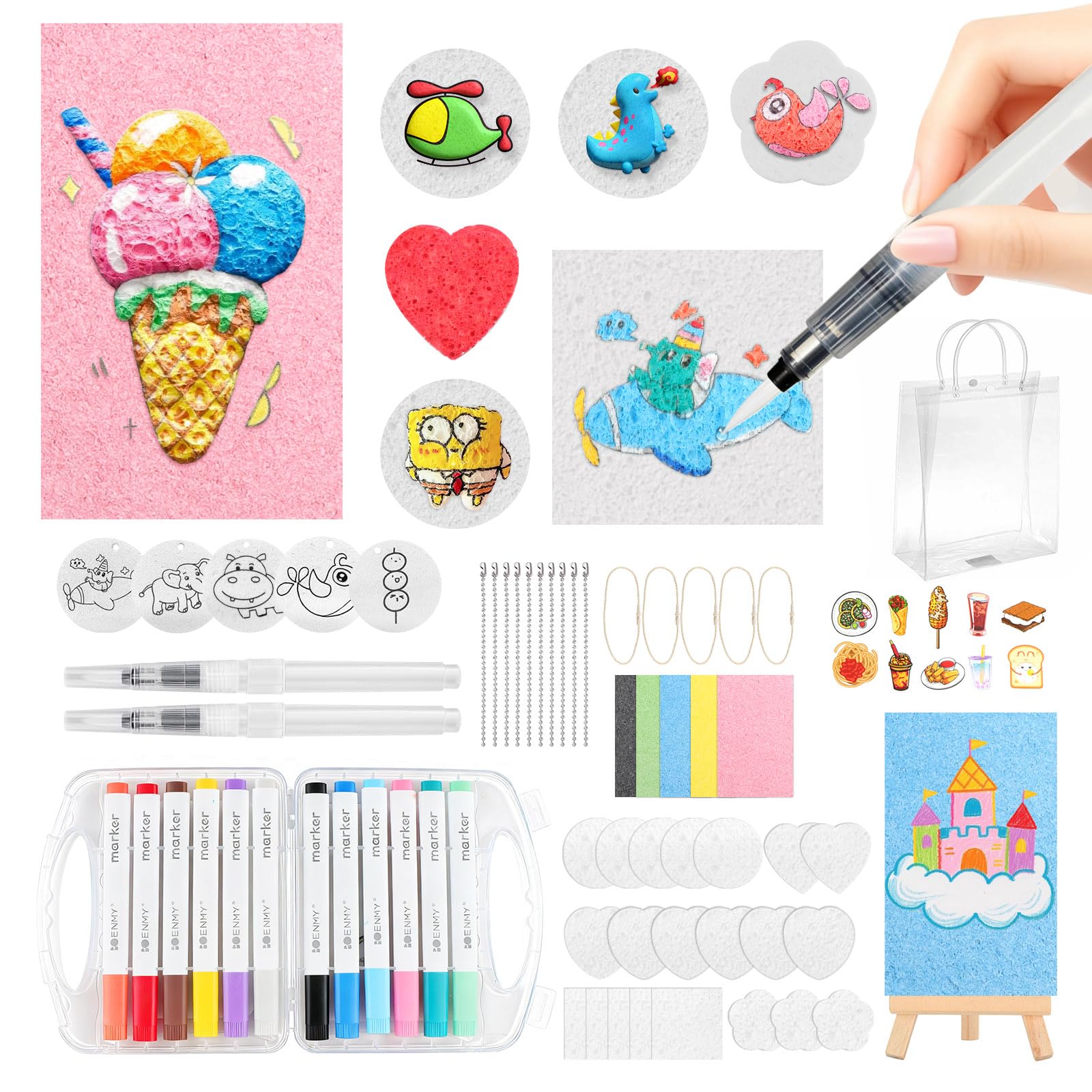 UBERMing 72 Pièces Kit de Peinture Texturée en Mousse, Magic Puffy Paint Set 3D Eponge de Dessin avec 31 Papier de Peinture Texture Mousse 12 Feutres de Couleur et 1 Sac de Rangement
