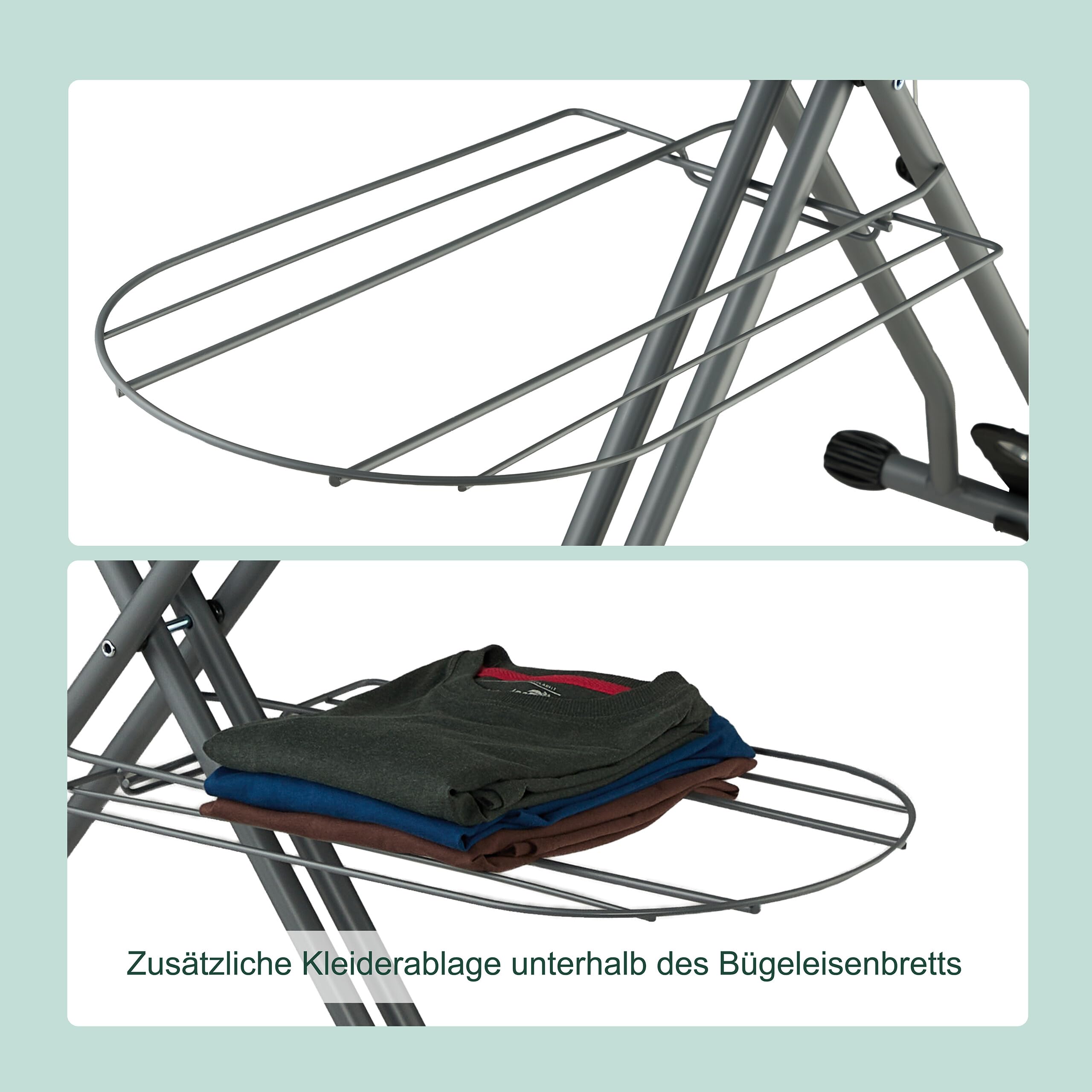 Relaxdays Bügelbrett für Dampfbügeleisen, 115 x 39 cm, höhenverstellbar, klappbar, Bügelstation & Ablage, weiß/Silber