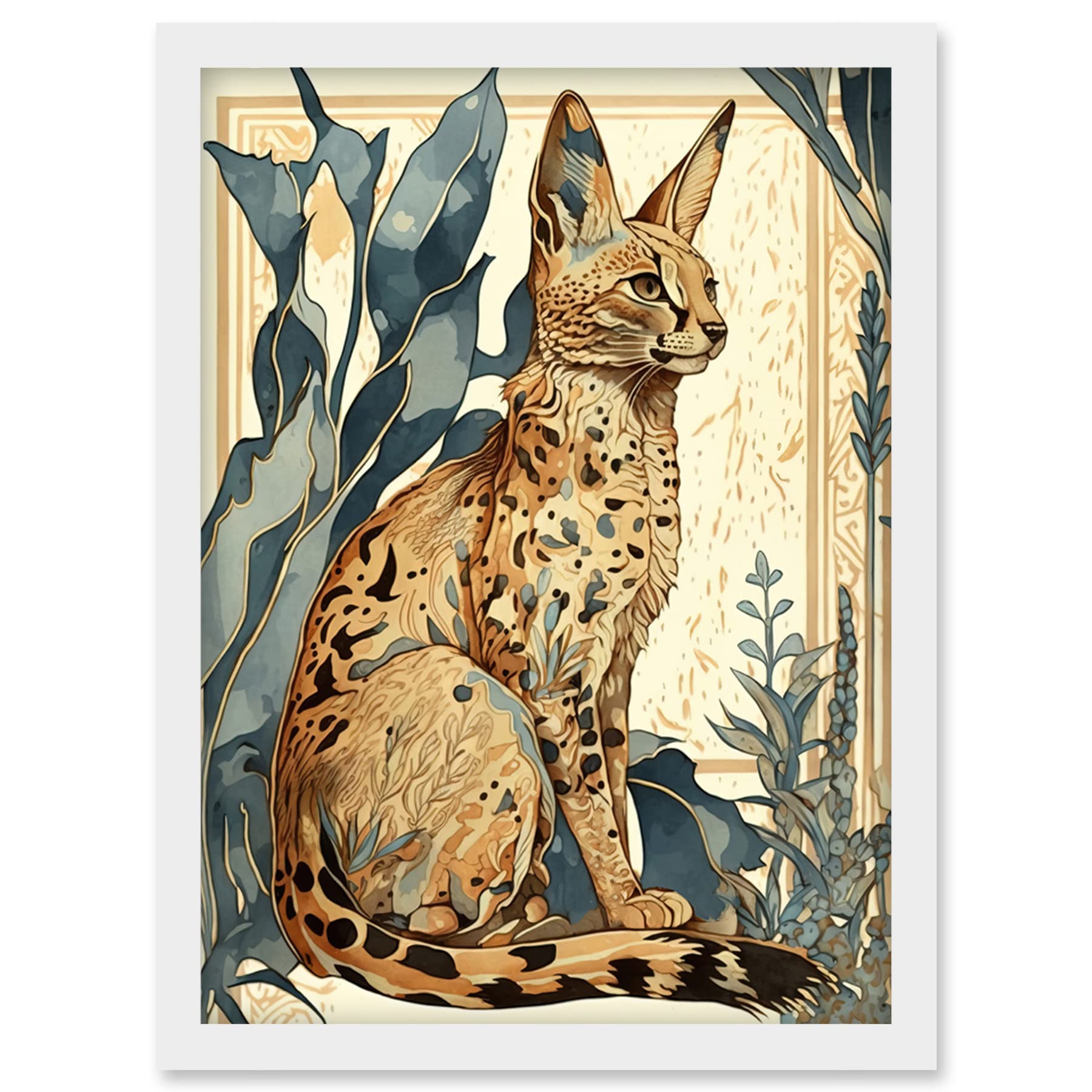 Artery8 Serval Cat with Teal Plants Watercolour Portrait Modern Illustration Artwork Framed Wall Art Print A4