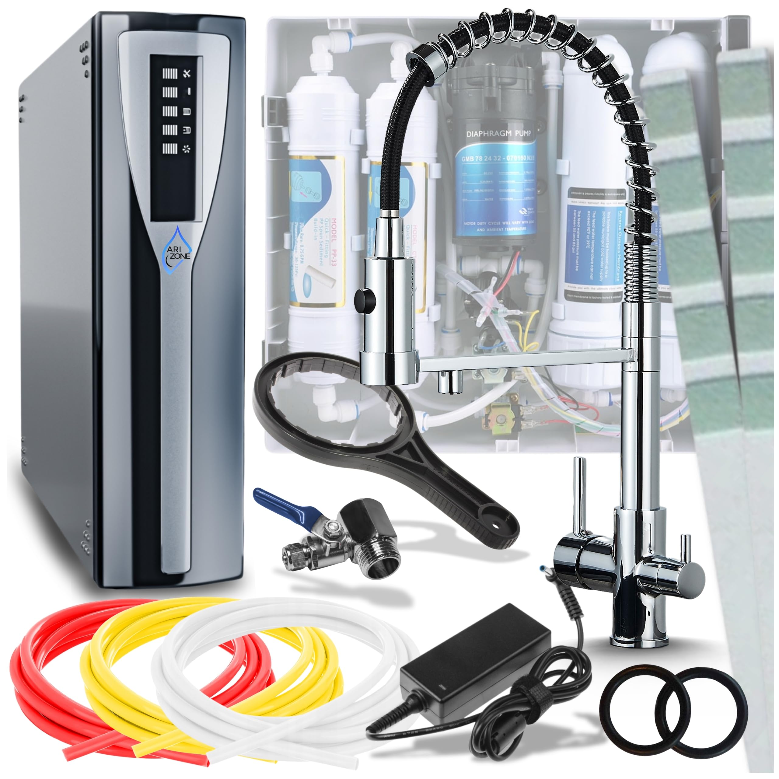 Ari Rubinetto da cucina a 3 vie con doccetta estraibile, molla a spirale Solid Spring, in set con filtro dell'acqua, nano-filtrazione, sistema per acqua potabile Nano Pad (cromato)