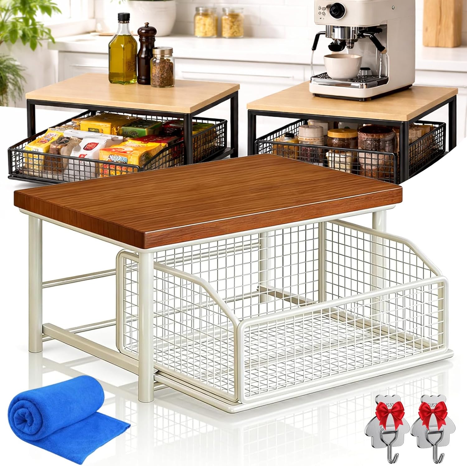 Microwave Stand Countertop for Kitchen, 2-Tier Compact Microwave Cart with Wire Basket Storage, Sturdy Microwave Stand & Coffee Station Holder for Spices, Toaster, Home Organization (White-A)