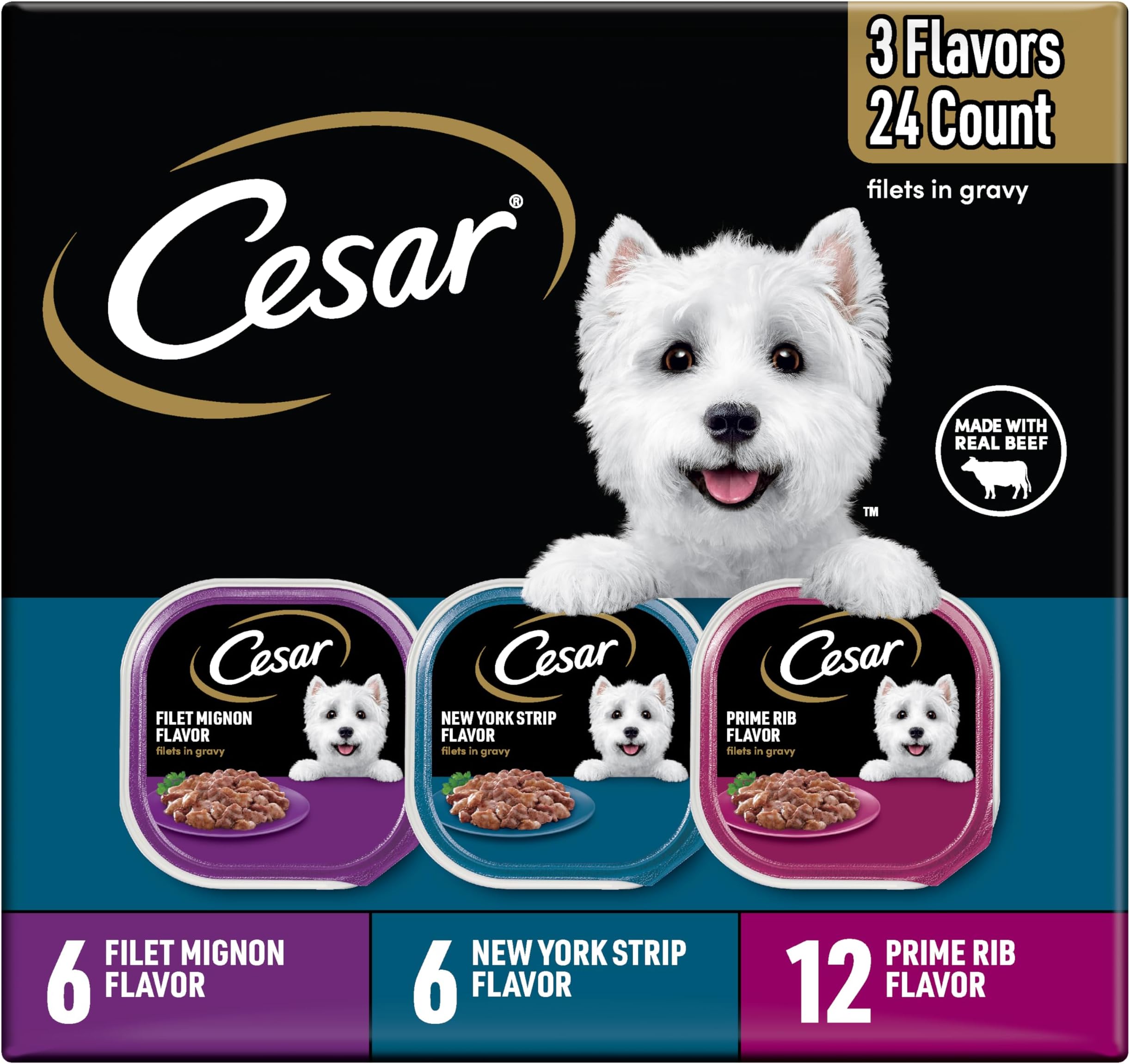 Filets in Gravy Adult Wet Dog Food Variety Pack, Filet Mignon, New York Strip and Prime Rib Flavors, 3.5 oz. Easy Peel Trays, Variety Pack, 24 Count