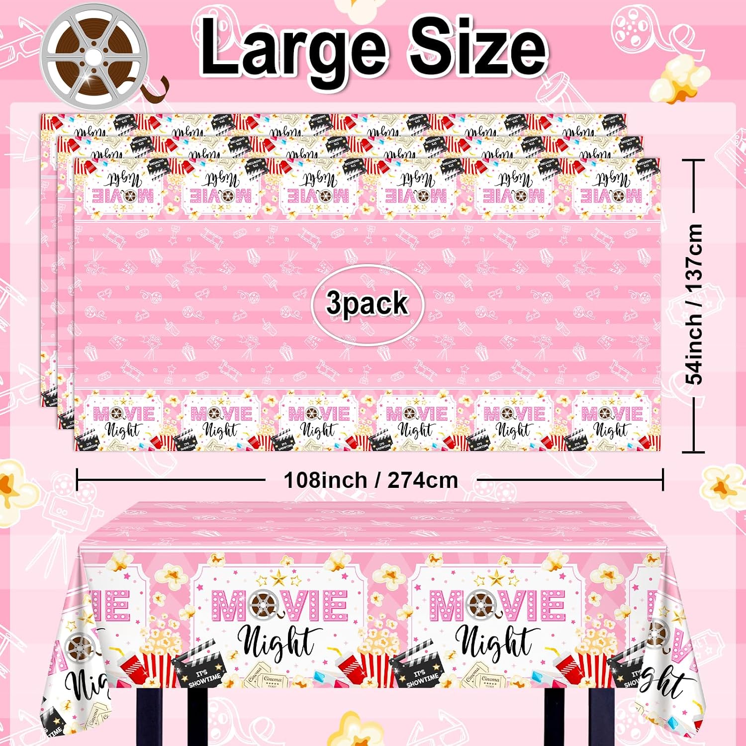 Avezano 3pcs Movie Night Decorations Pink Movie Night Tablecloths 108 x 54 inch Plastic Disposable Popcorn Theater Birthday Party Supplies