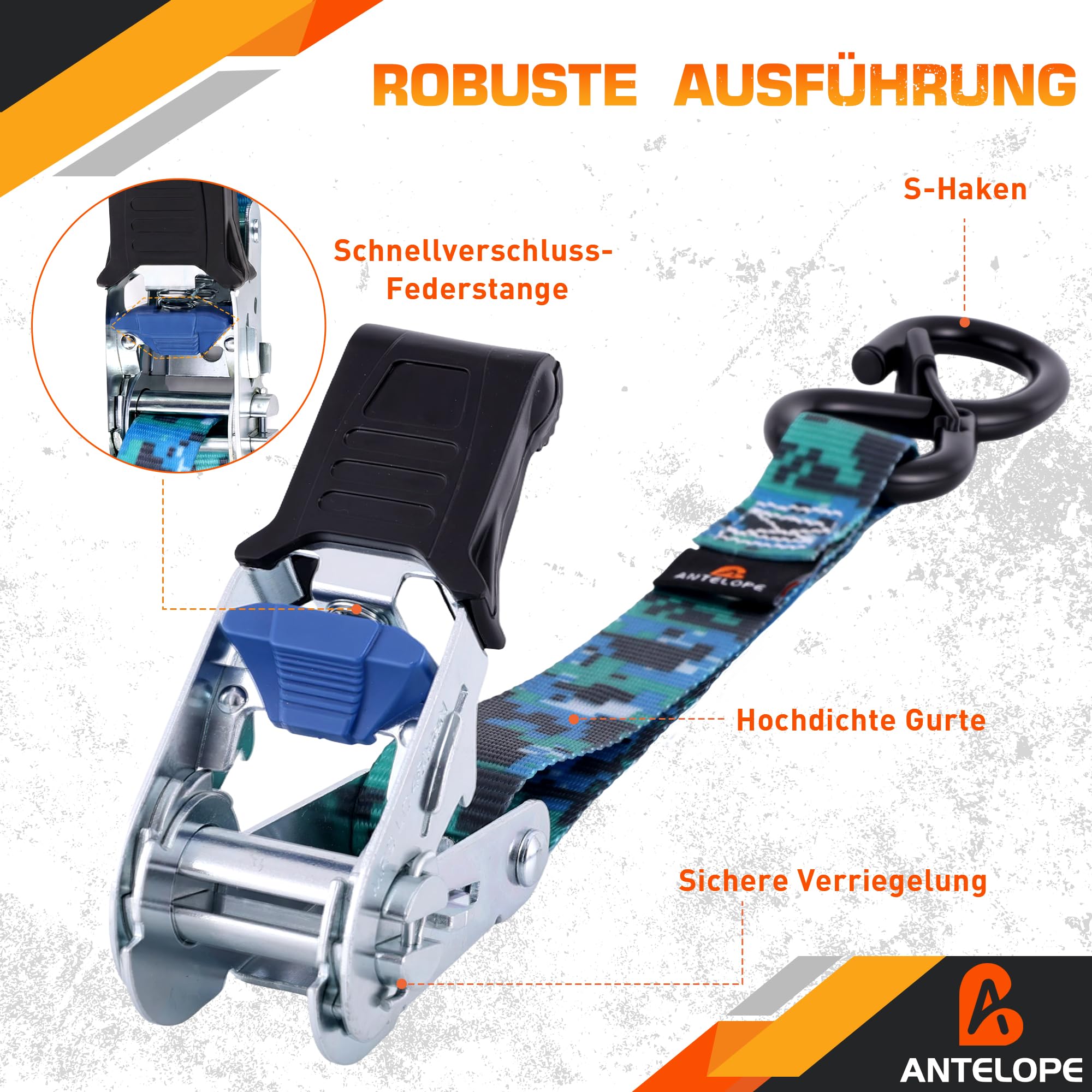 A ANTELOPE 4 Set Spanngurte mit Ratsche und Haken, Ratschengurt, EN 12195-2 | 25mm x 4m, TÜV/GS, Zurrgurte mit Ratschen Satz 900kg Bruchfestigkeit, Motorrad Spanngurte für Umzüge und Fracht, Tarnblau