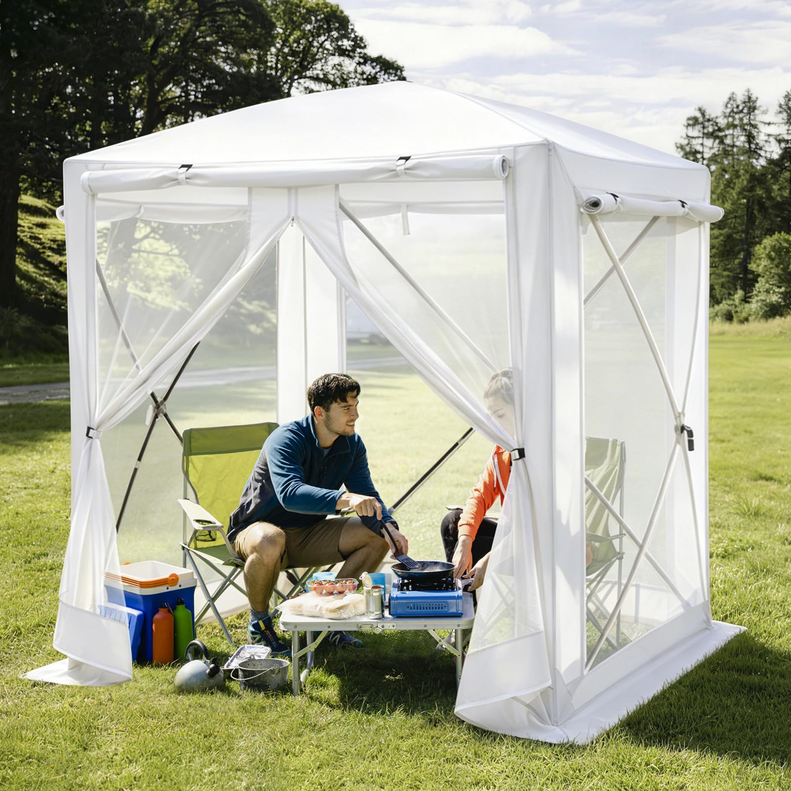 Goutime Tonnelle Pliante 150x150x190 cm, Protection 2-en-1 Contre Insectes | Imperméable avec protection solaire, tente de jardin pour camping et terrasse extérieure (Blanc)