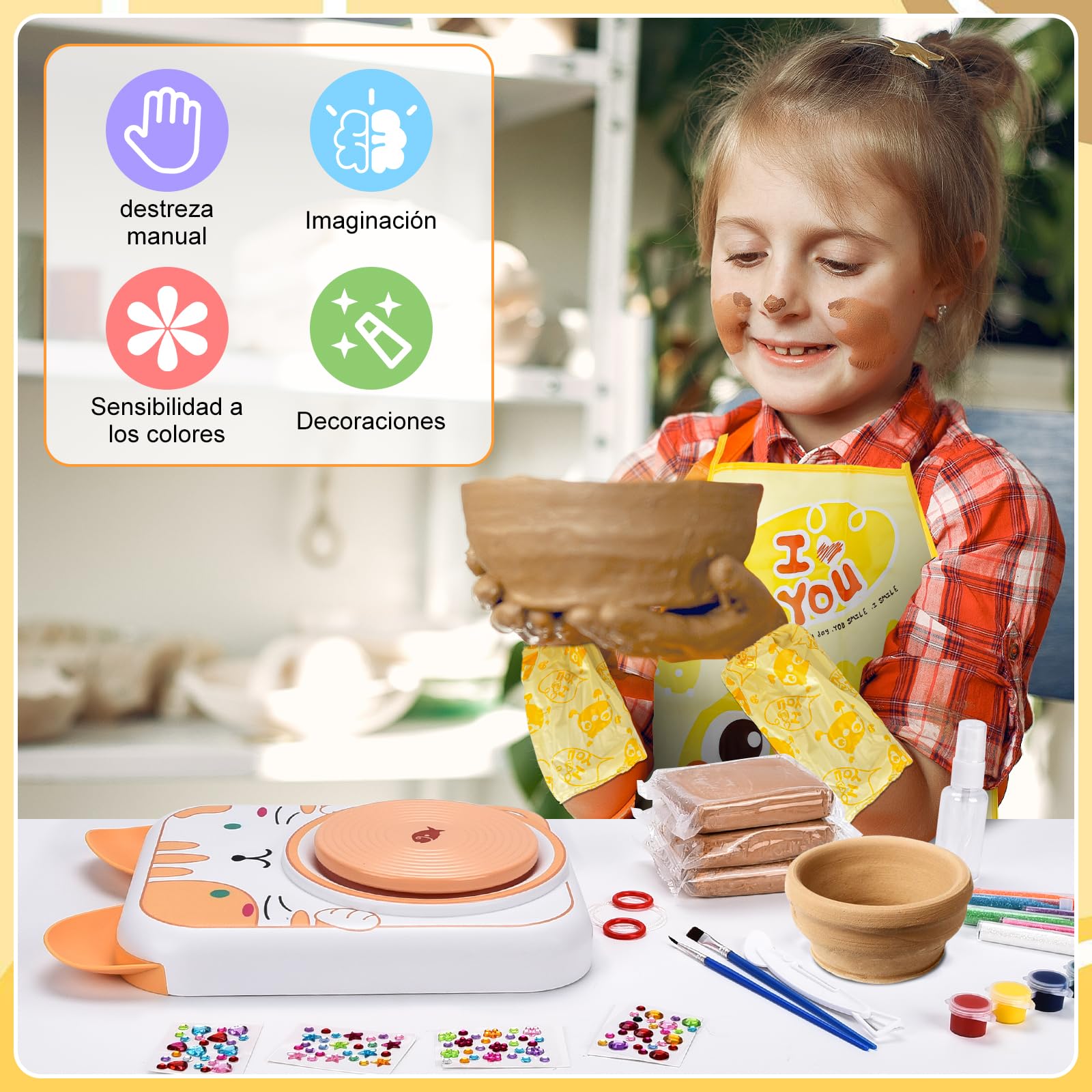 IEEILULU Rueda de Alfarería Eléctrica, Juego de Alfarería para Niños, Juego de Arte de Máquina de Alfarería, Herramienta de Arte de Arcilla para Niños, Regalo para Niñas y Niños (Gato)