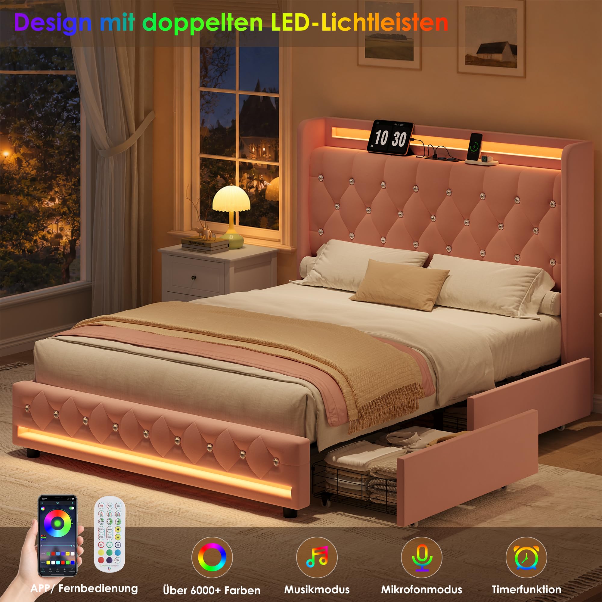 FOREHILL Polsterbett 140x200 cm Bett mit LED, Ladestation und 4 Schubladen