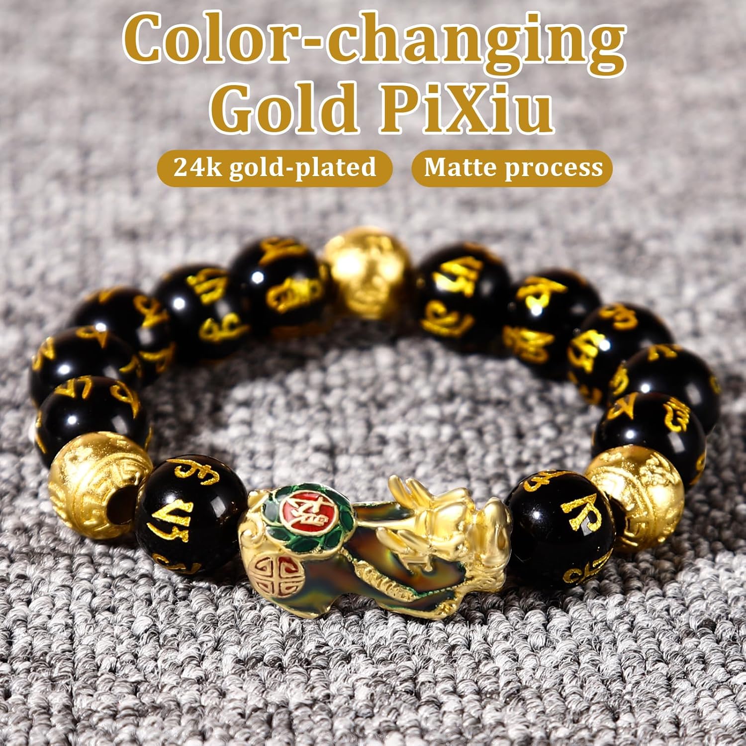 Feng Shui Bracelet Obsidian Bracelet, 24k Gold Plated PiXiu Dragon Protection for Men Women, 12mm Mantra Prayer Beads Bracelets Meditation Decompression Meaning to Attract Wealth, Good Luck - Image 3