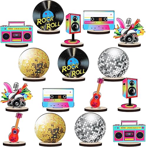 Centros de mesa de madera de discoteca de los años 70, recuerdos de fiesta de discoteca, recortes de disco retro de rock, guitarra de bola de