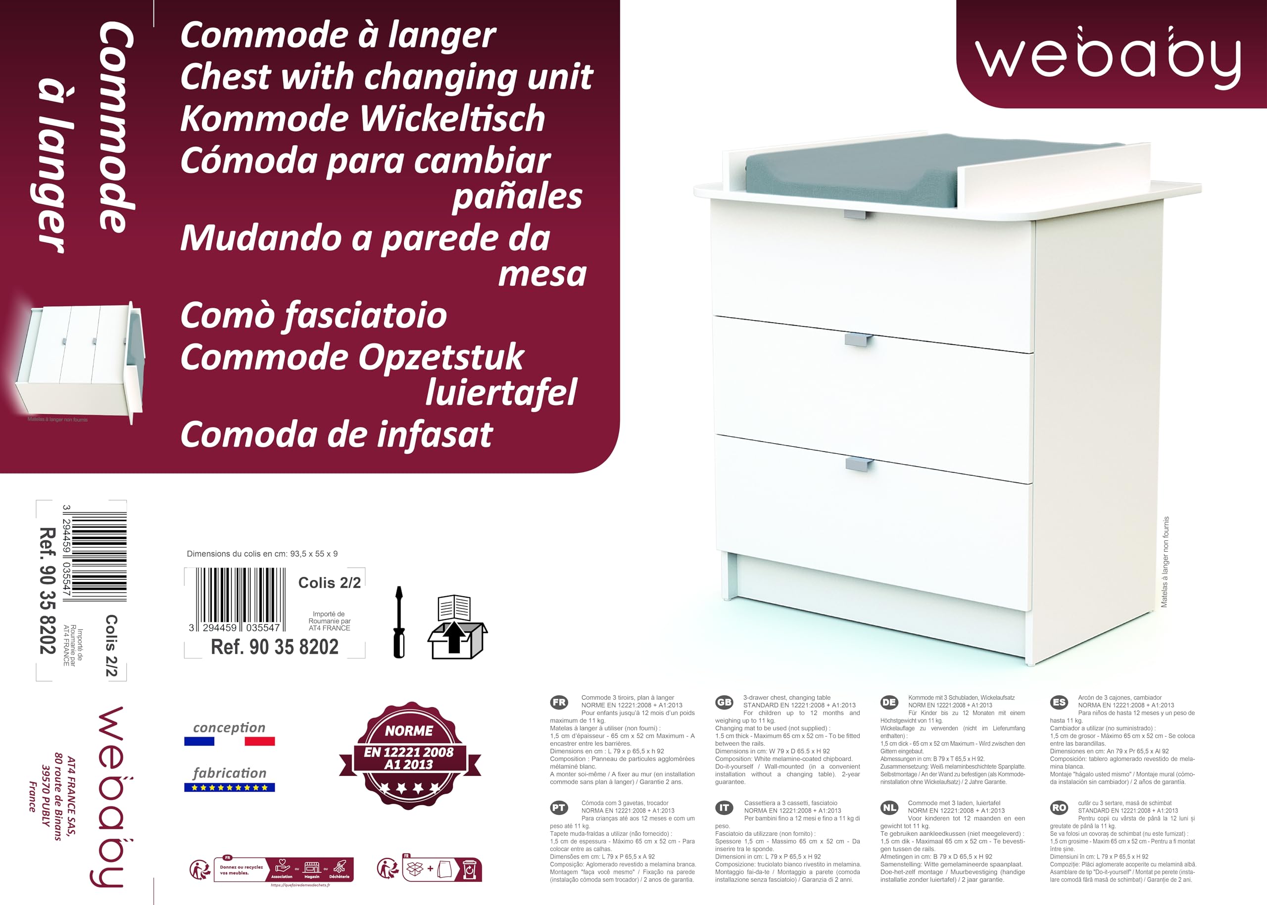 Webaby - Cassettiera fasciatoio 3 cassetti legno - Bianco -79 x 65,5 x 92 cm