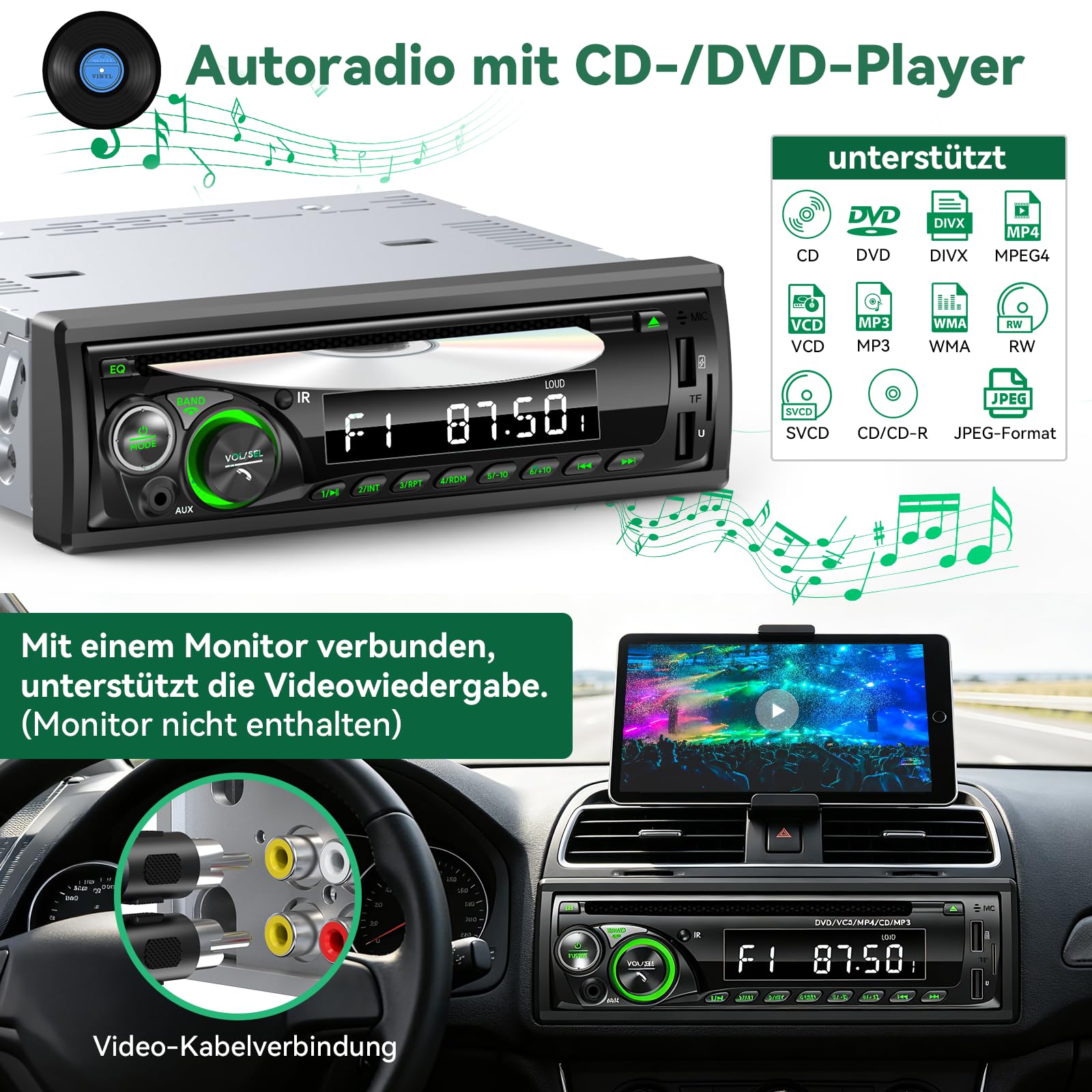 Autoradio Bluetooth mit CD DVD Player, Wistrue RDS/FM/AM Autoradio 1DIN,7 Farben Radio mit 2 USB SD/AUX/Lenkradfernbedienung,MP3 Player