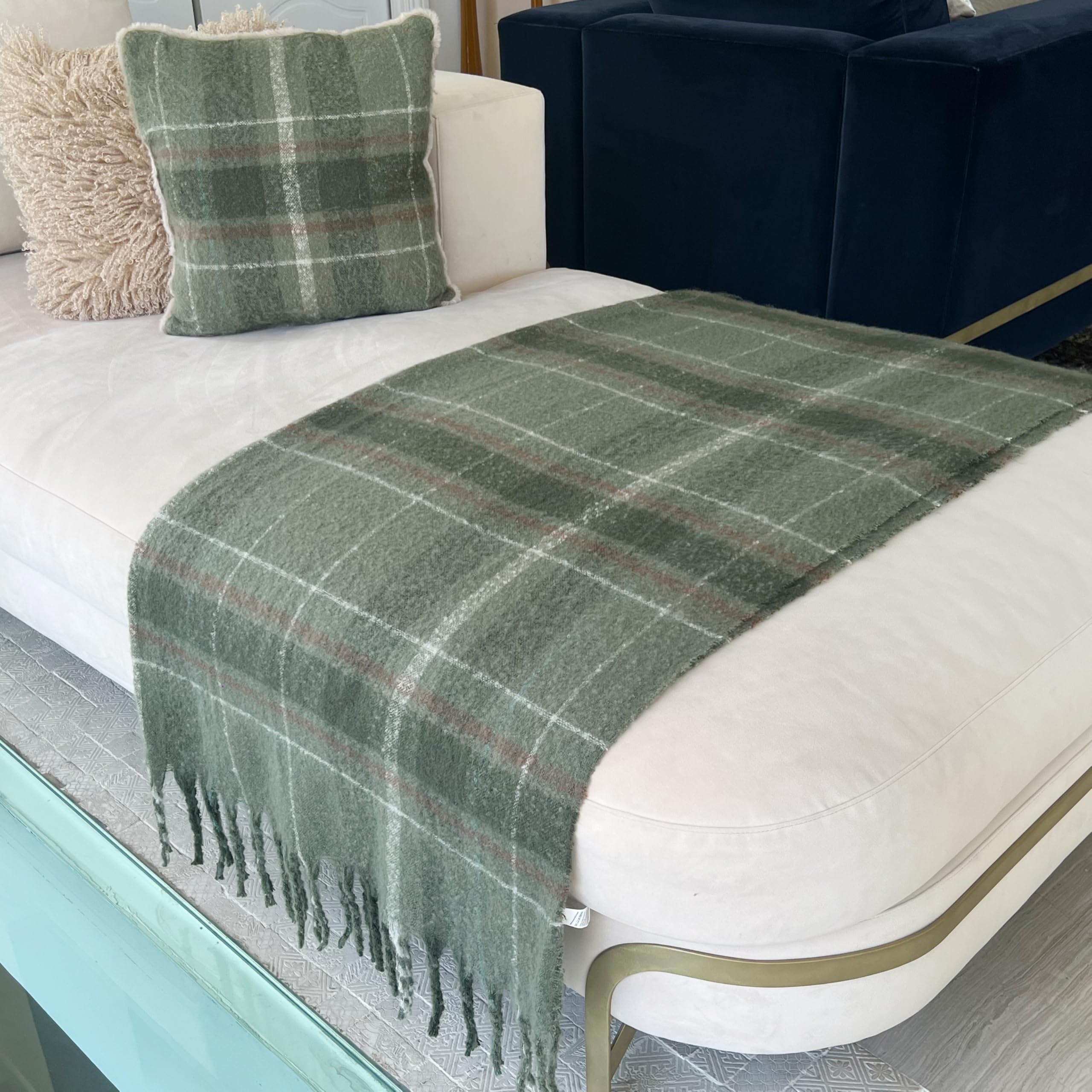Manta Supletoria Invierno Calentita 130x170 cm Verde Bosque con Efecto Lana Cepillada y Flecos - Suave y Elegante para Sofá o Cáma - Plaid Estampado de Cuadros Escocés Marron y Verde Tartán